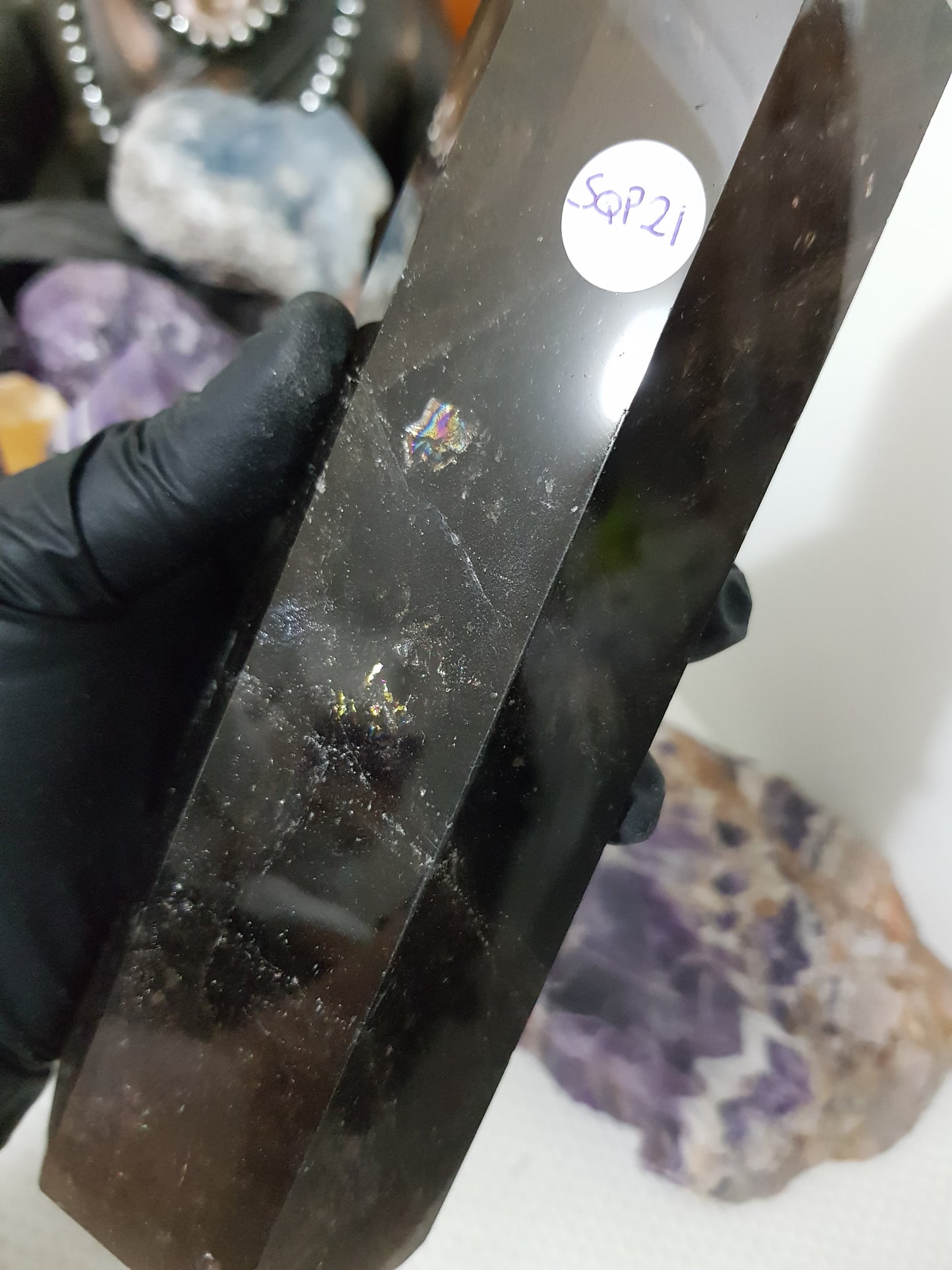 Polished Brazilian Smoky Quartz crystal point tower. Smoky brown standing crystal point 21cm