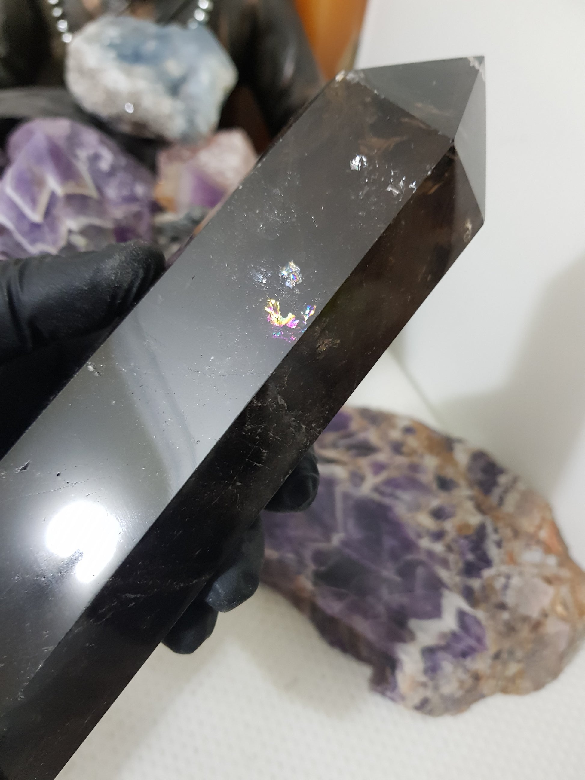 Polished Brazilian Smoky Quartz crystal point tower. Smoky brown standing crystal point 21cm