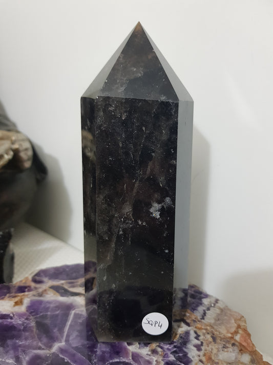 Brazil Smoky Quartz crystal point tower polished standing point 16.5cm with very dark brown to near-black smoky tones