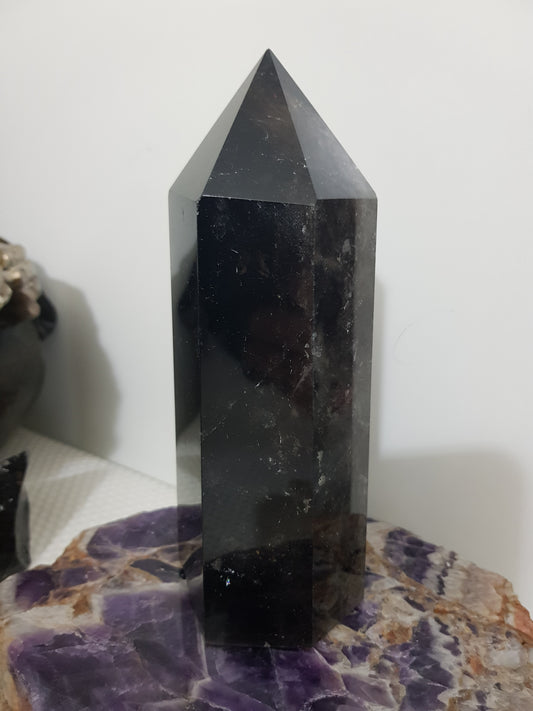 Brazil Smoky Quartz crystal point tower polished standing point 16.5cm with very dark brown to near-black smoky tones