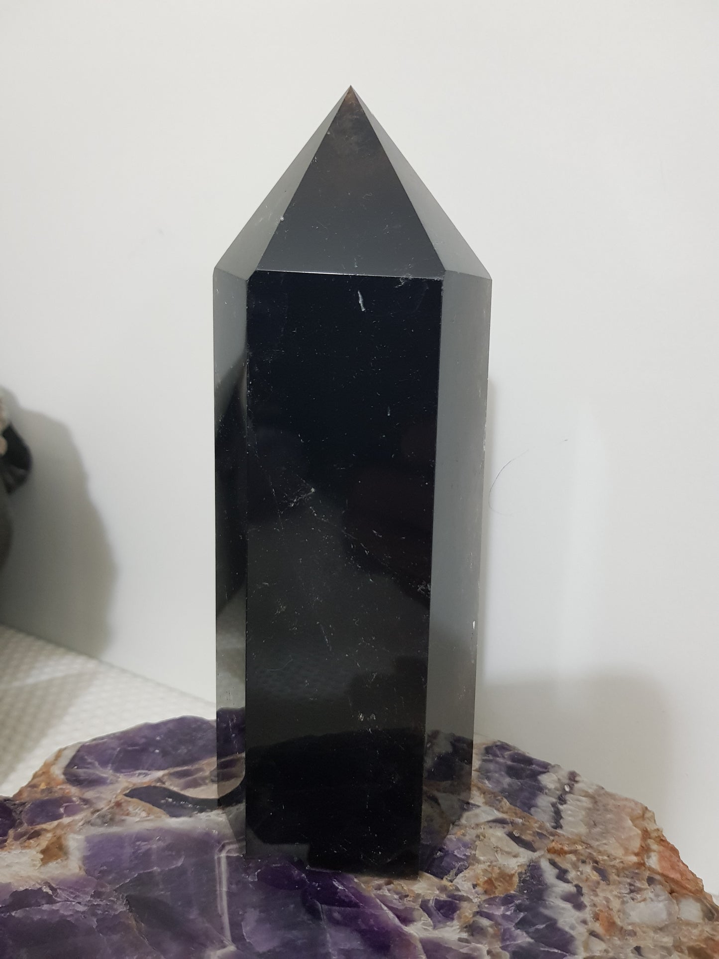 Brazil Smoky Quartz crystal point tower polished standing point 16.5cm with very dark brown to near-black smoky tones