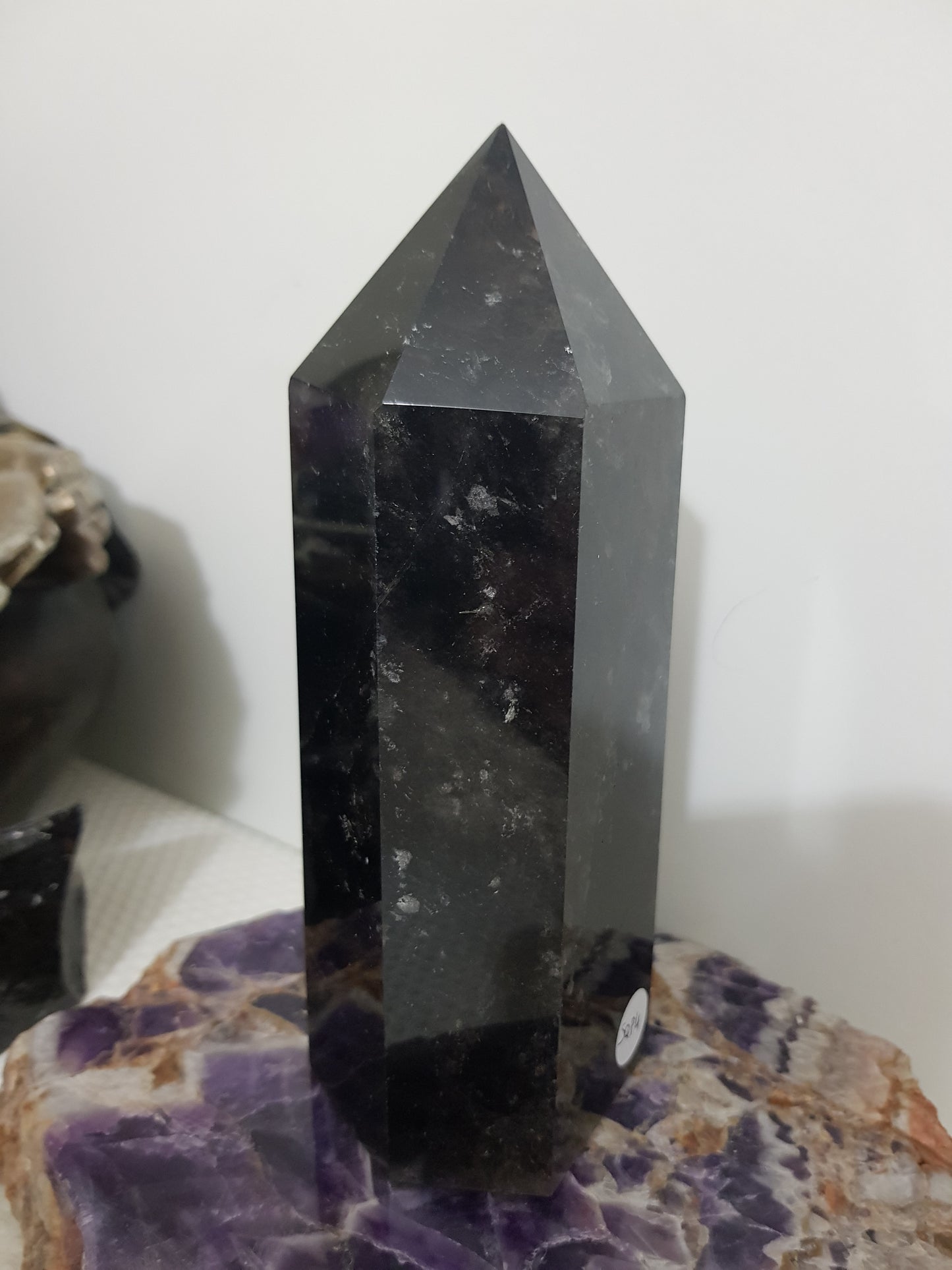 Brazil Smoky Quartz crystal point tower polished standing point 16.5cm with very dark brown to near-black smoky tones