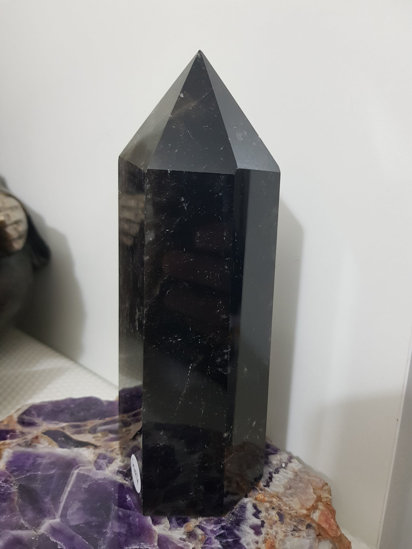 Brazil Smoky Quartz crystal point tower polished standing point 16.5cm with very dark brown to near-black smoky tones