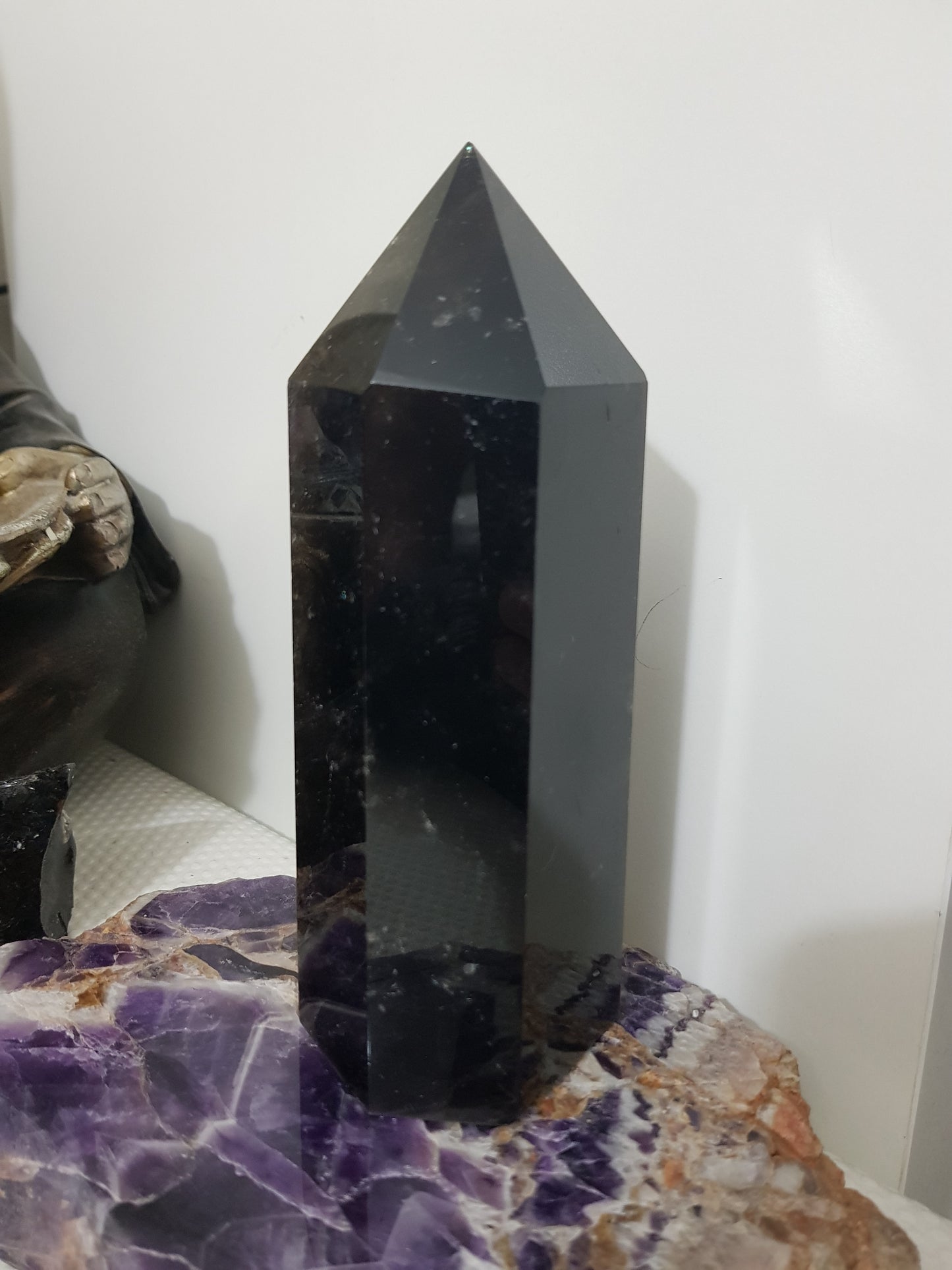 Brazil Smoky Quartz crystal point tower polished standing point 16.5cm with very dark brown to near-black smoky tones