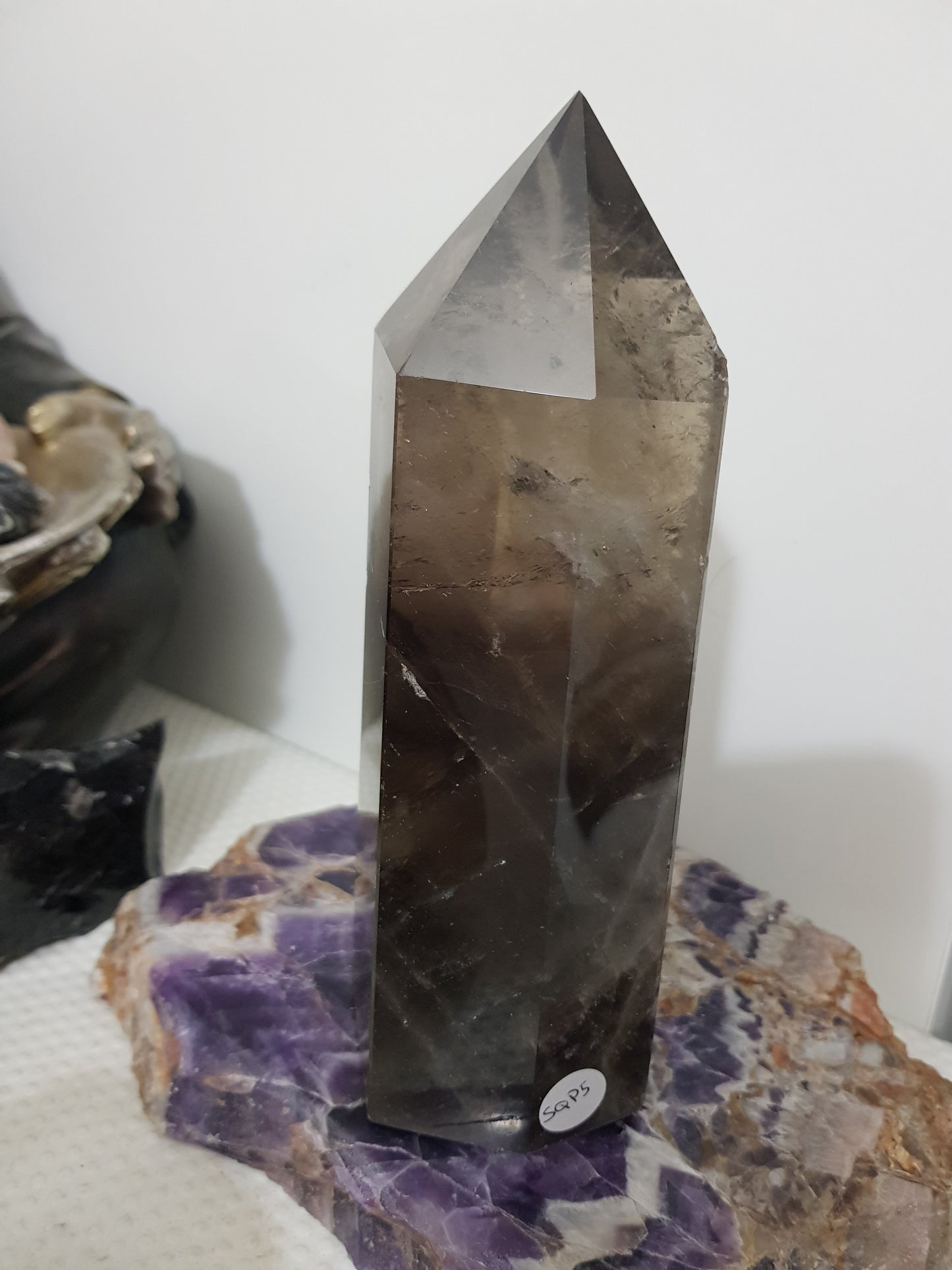 Smoky Quartz crystal point polished Brazil smoky brown standing point 17.5cm