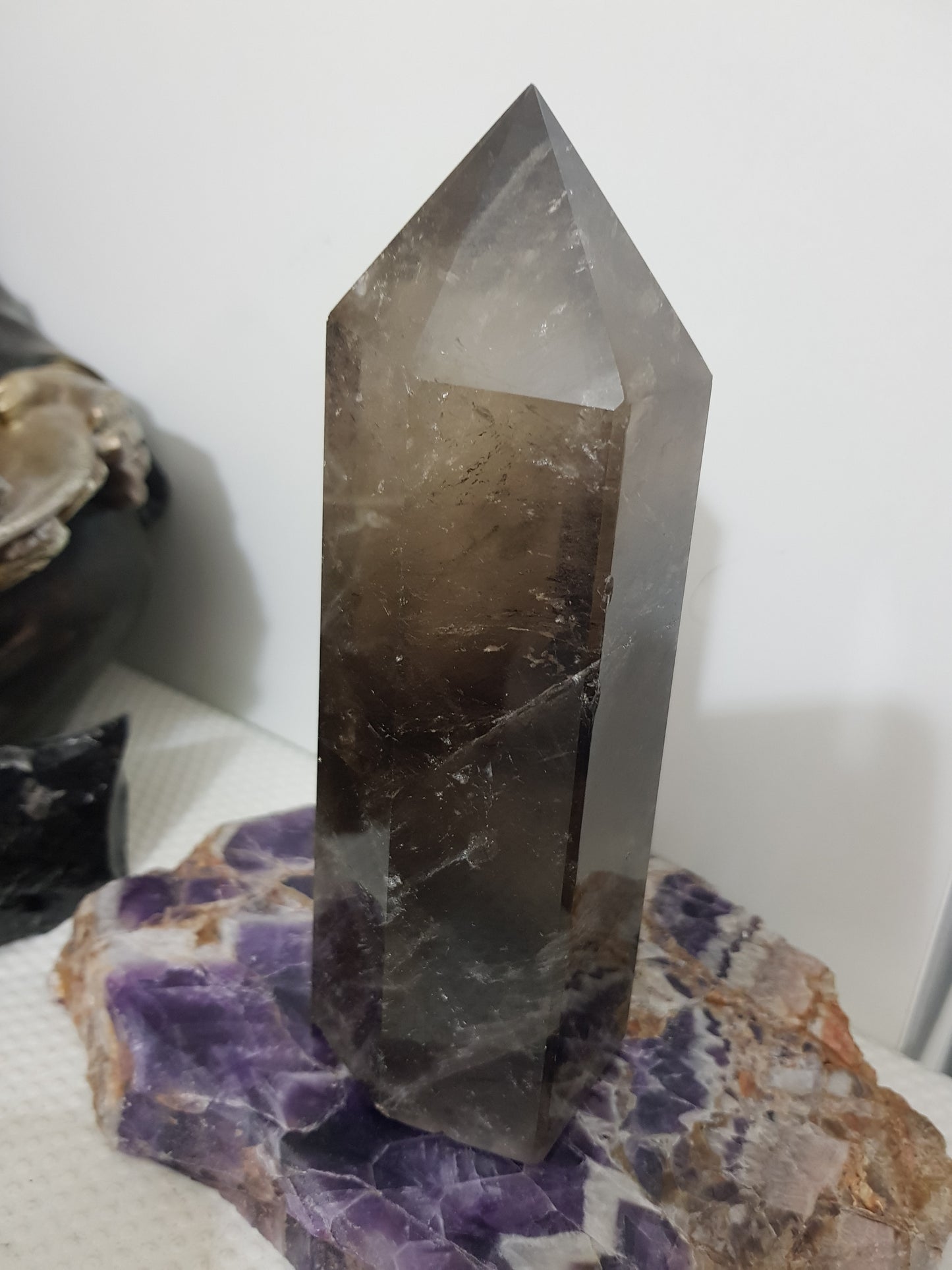 Smoky Quartz crystal point polished Brazil smoky brown standing point 17.5cm