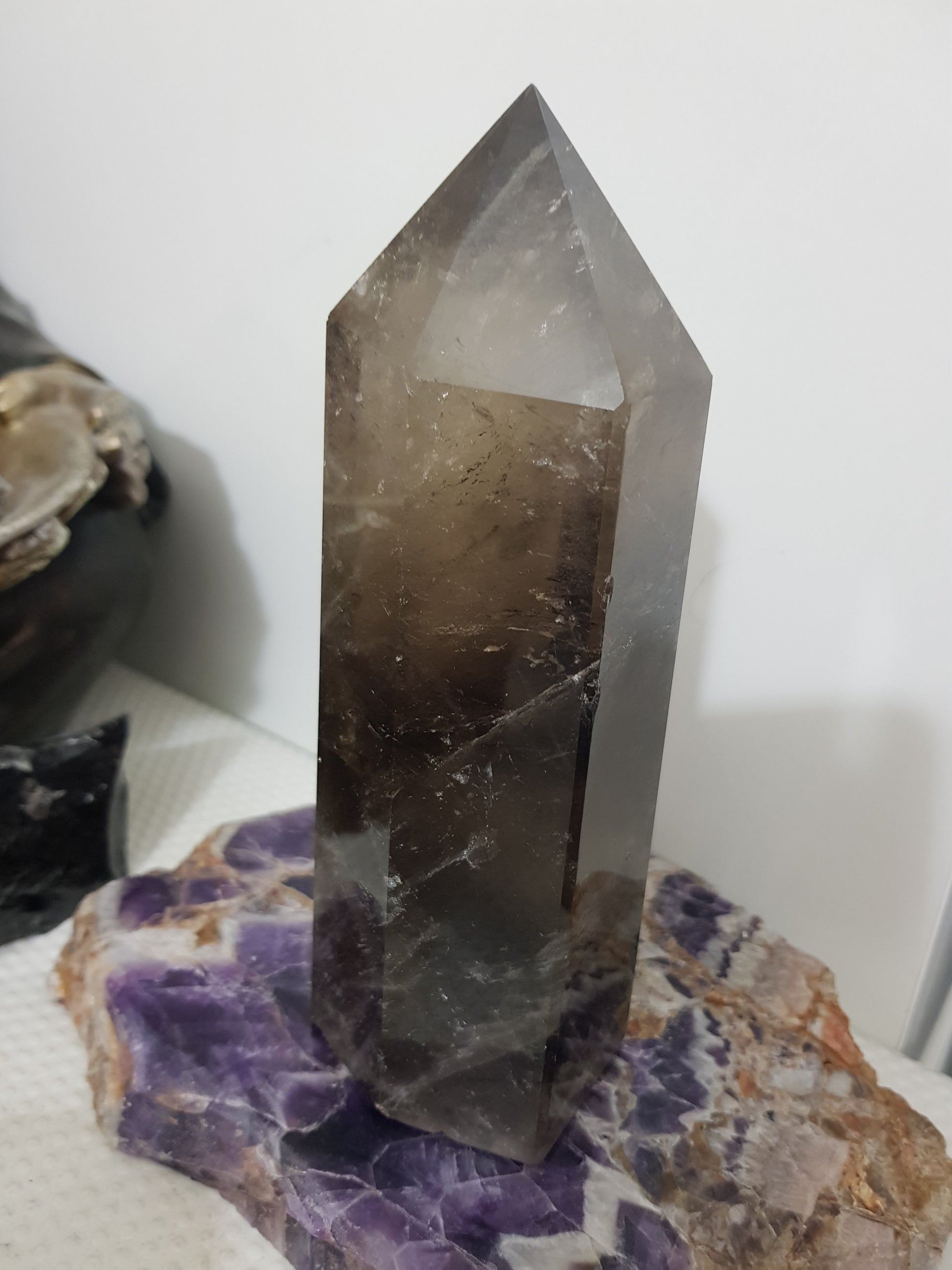 Smoky Quartz crystal point polished Brazil smoky brown standing point 17.5cm