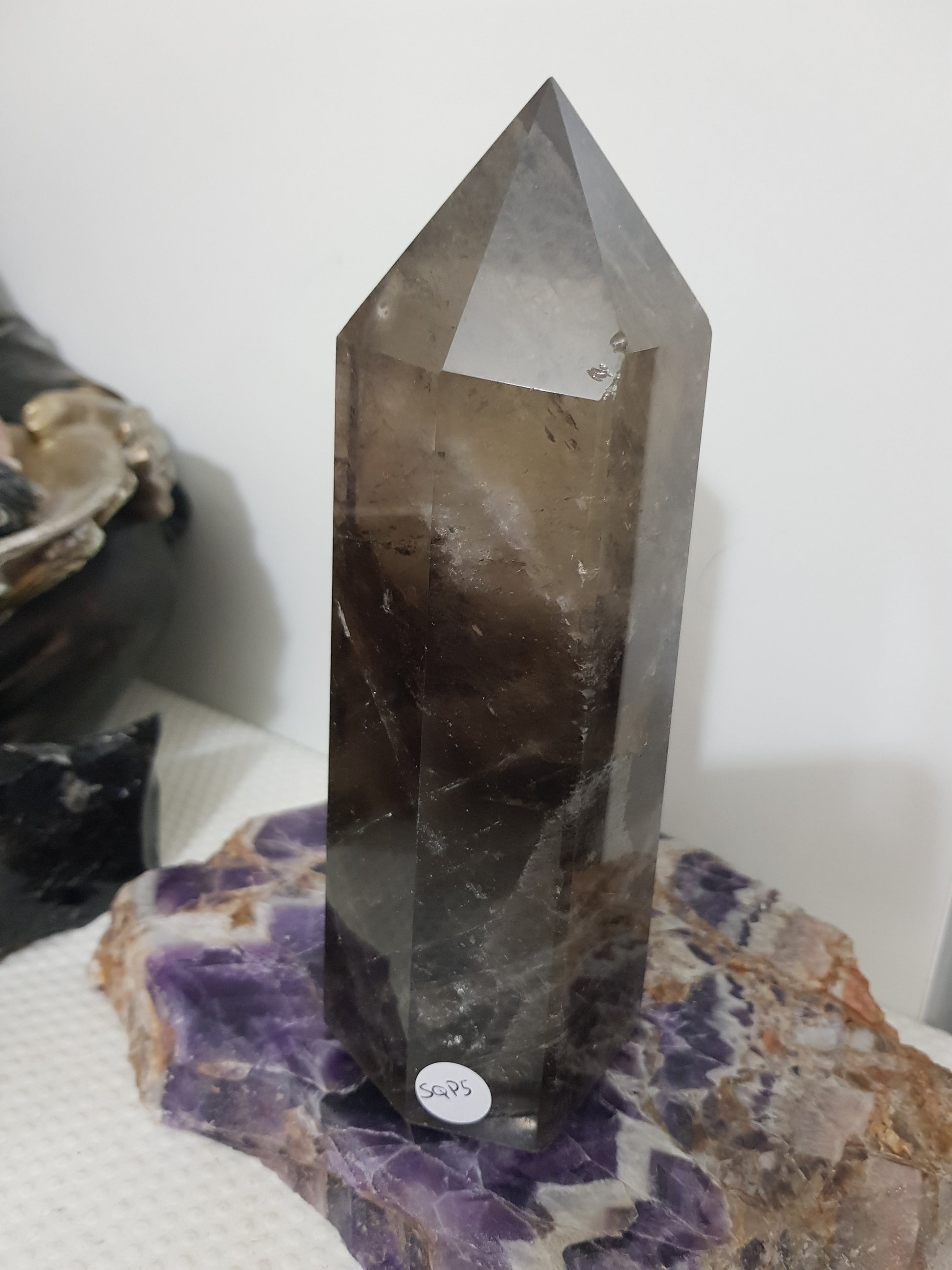 Smoky Quartz crystal point polished Brazil smoky brown standing point 17.5cm