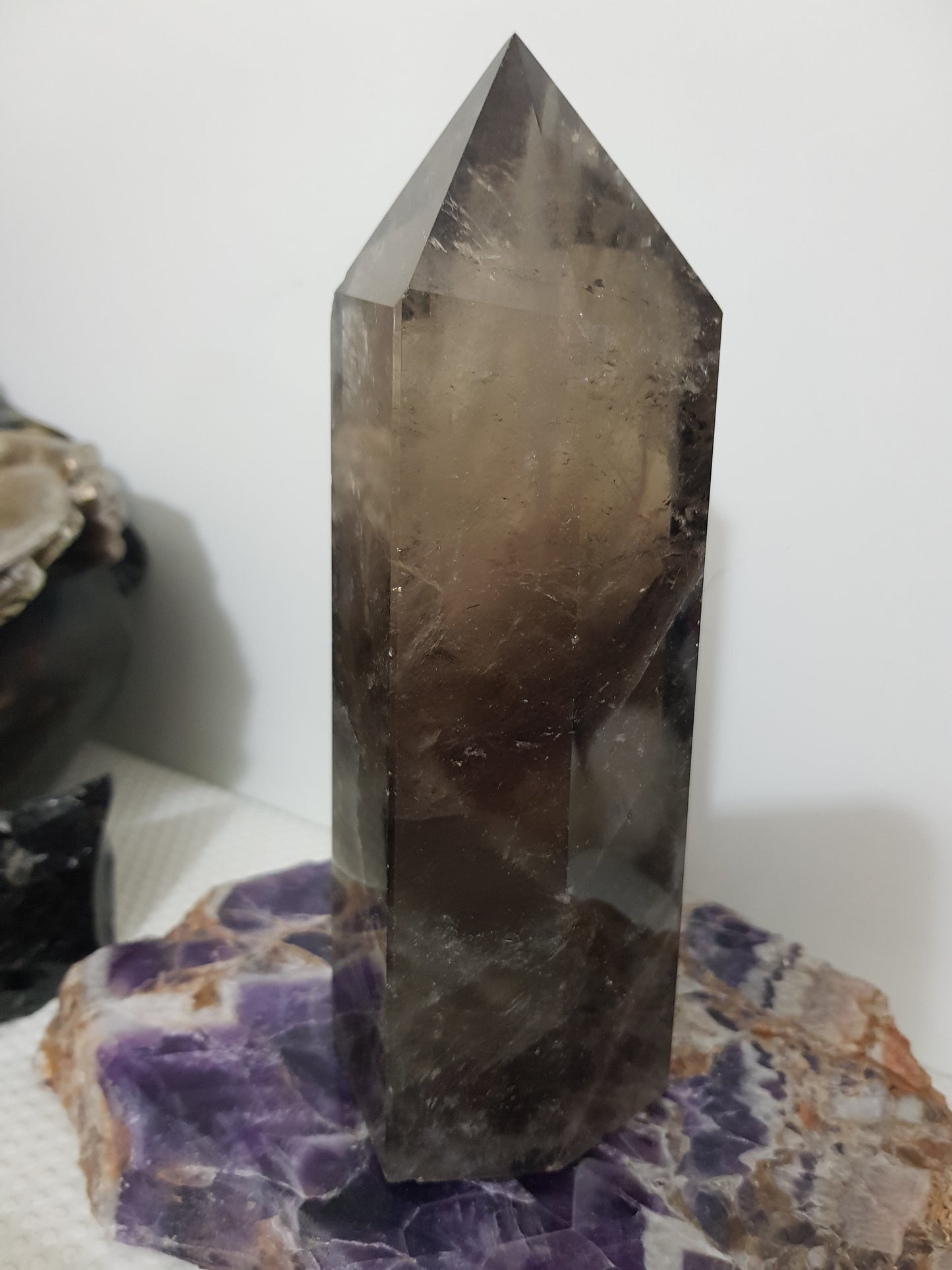 Smoky Quartz crystal point polished Brazil smoky brown standing point 17.5cm