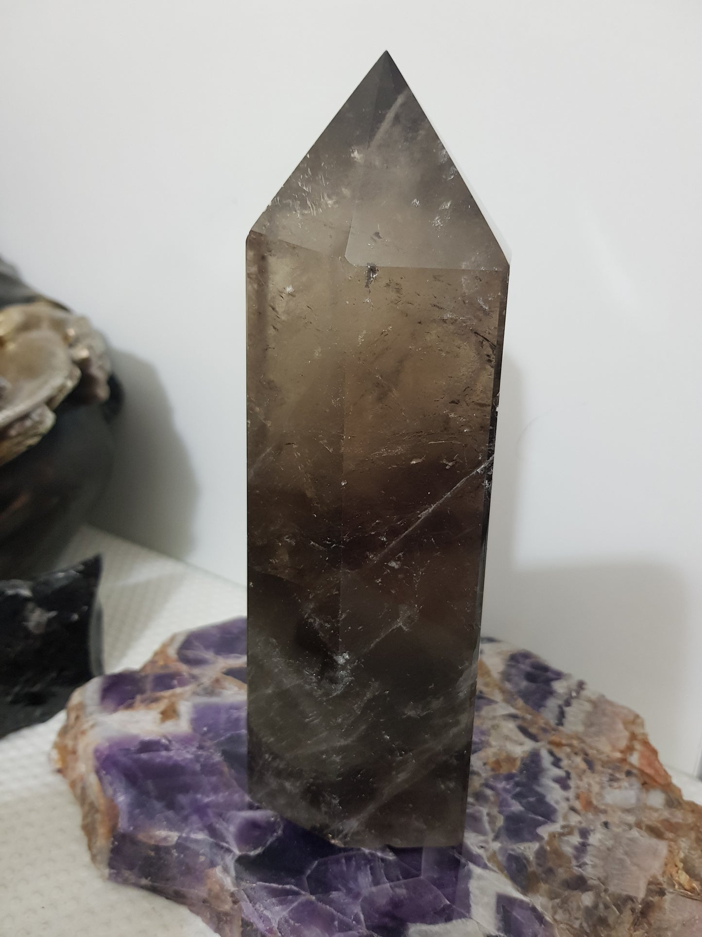 Smoky Quartz crystal point polished Brazil smoky brown standing point 17.5cm