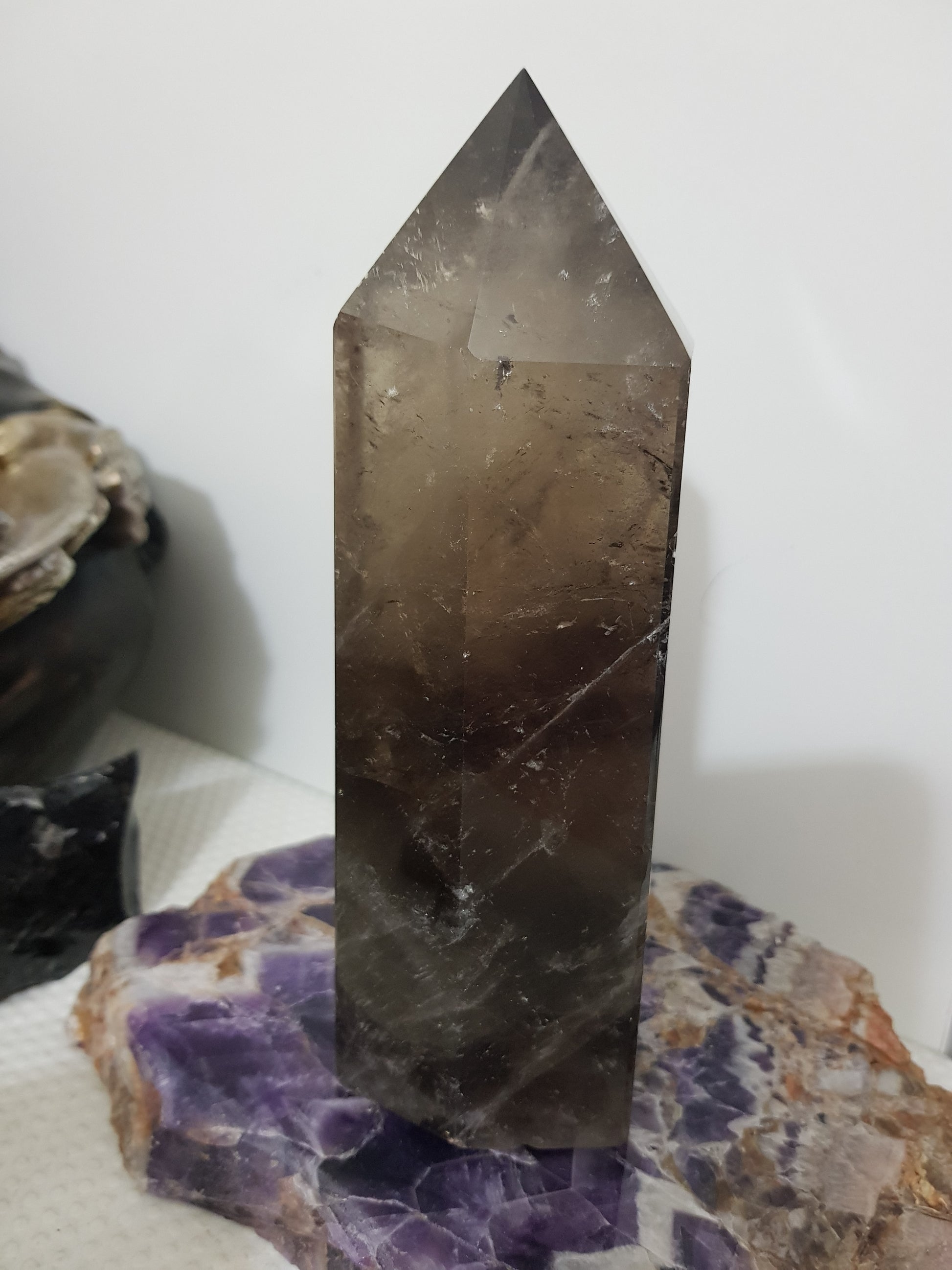 Smoky Quartz crystal point polished Brazil smoky brown standing point 17.5cm