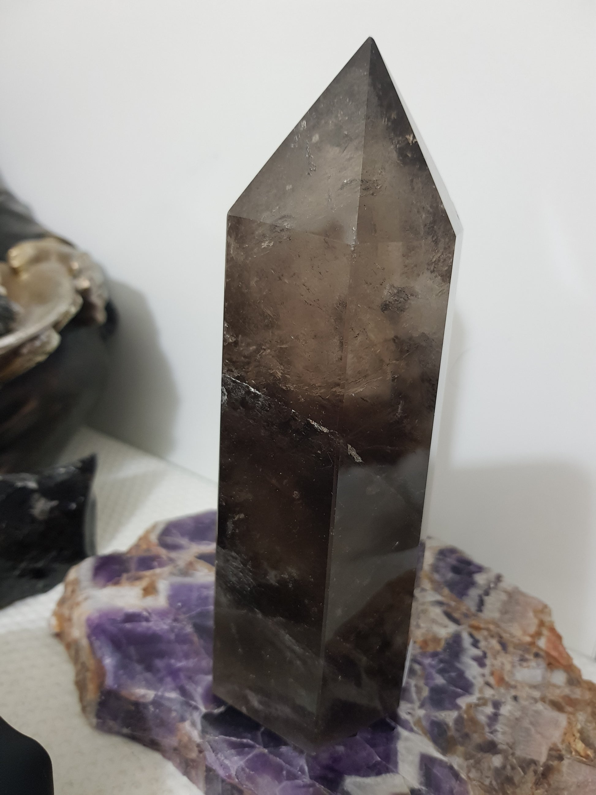 Smoky Quartz crystal point polished Brazil smoky brown standing point 17.5cm