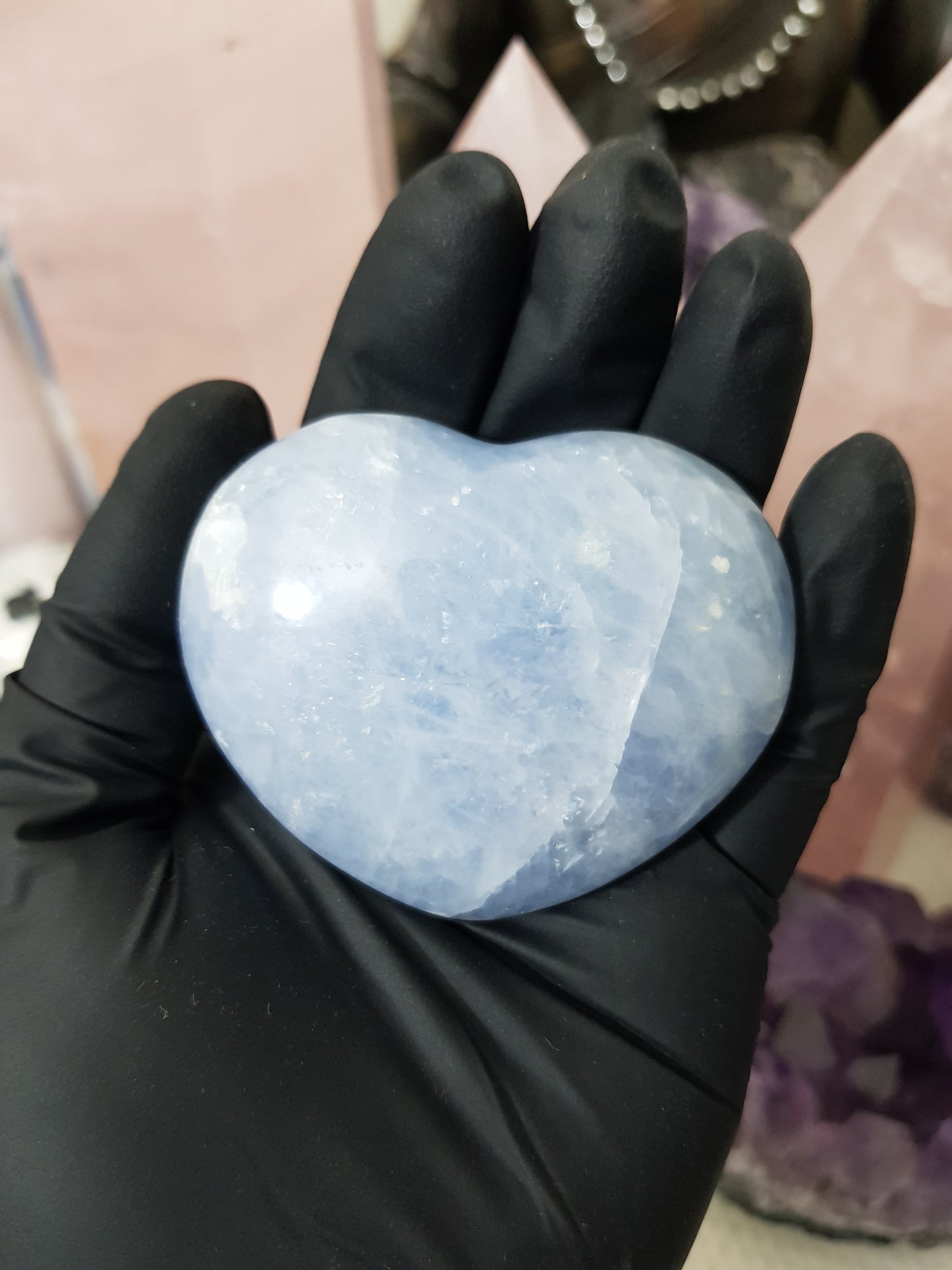 Blue calcite crystal heart polished sky blue 142g
