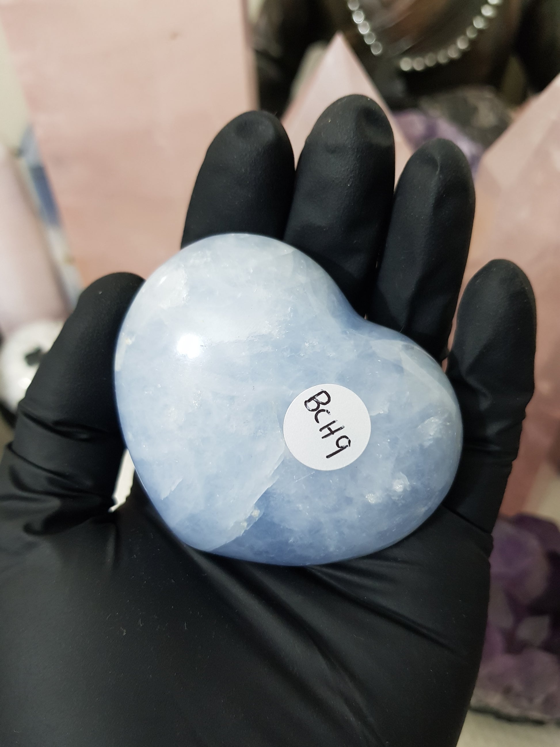Blue calcite crystal heart polished sky blue 142g