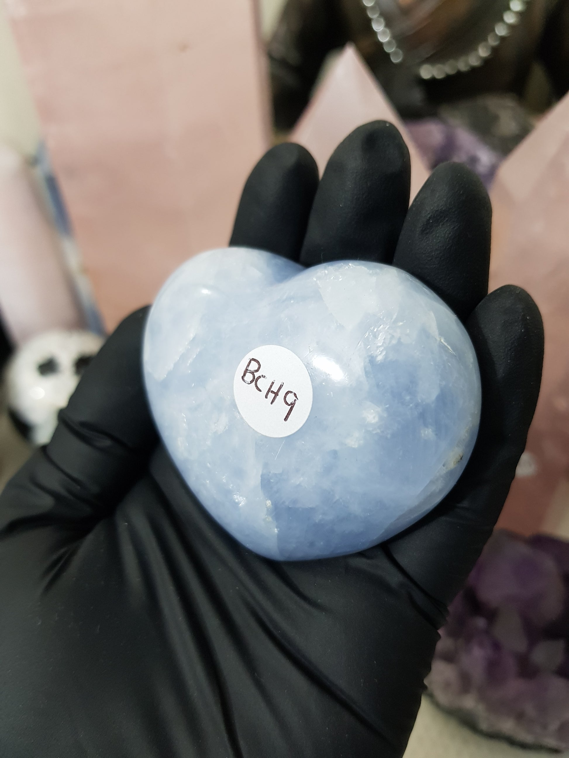 Blue calcite crystal heart polished sky blue 142g