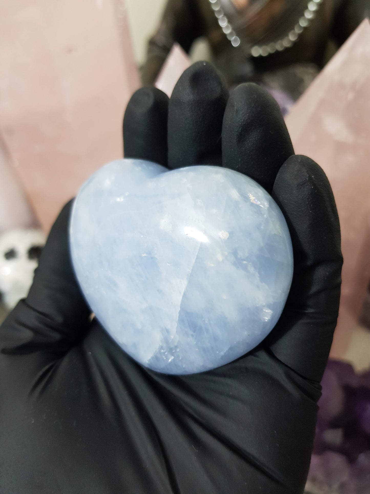Blue calcite crystal heart polished sky blue 142g