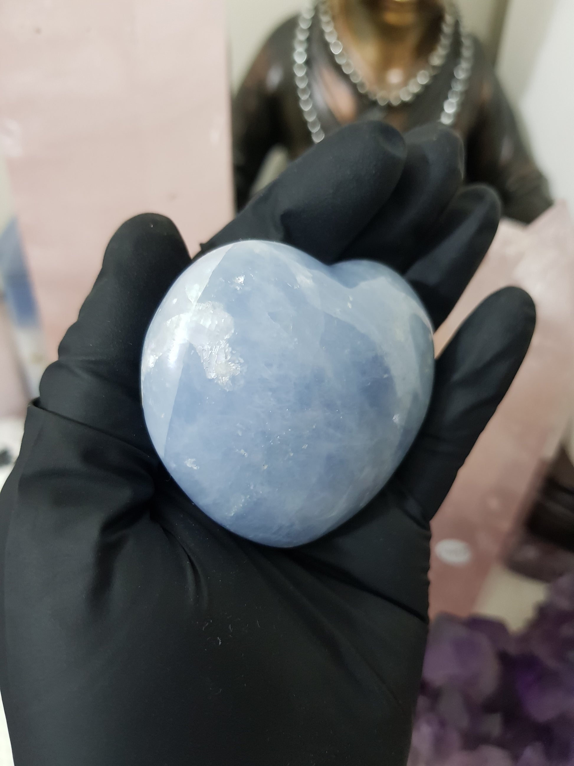 Blue calcite crystal heart polished sky blue 142g