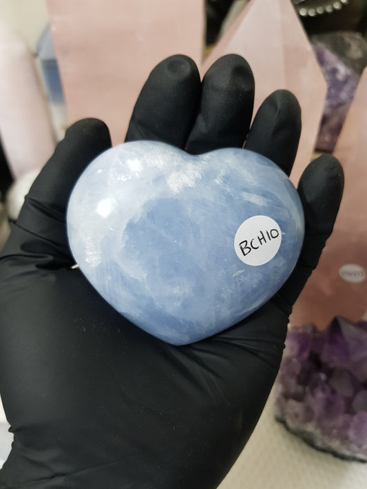 Blue calcite crystal heart polished sky blue 225g