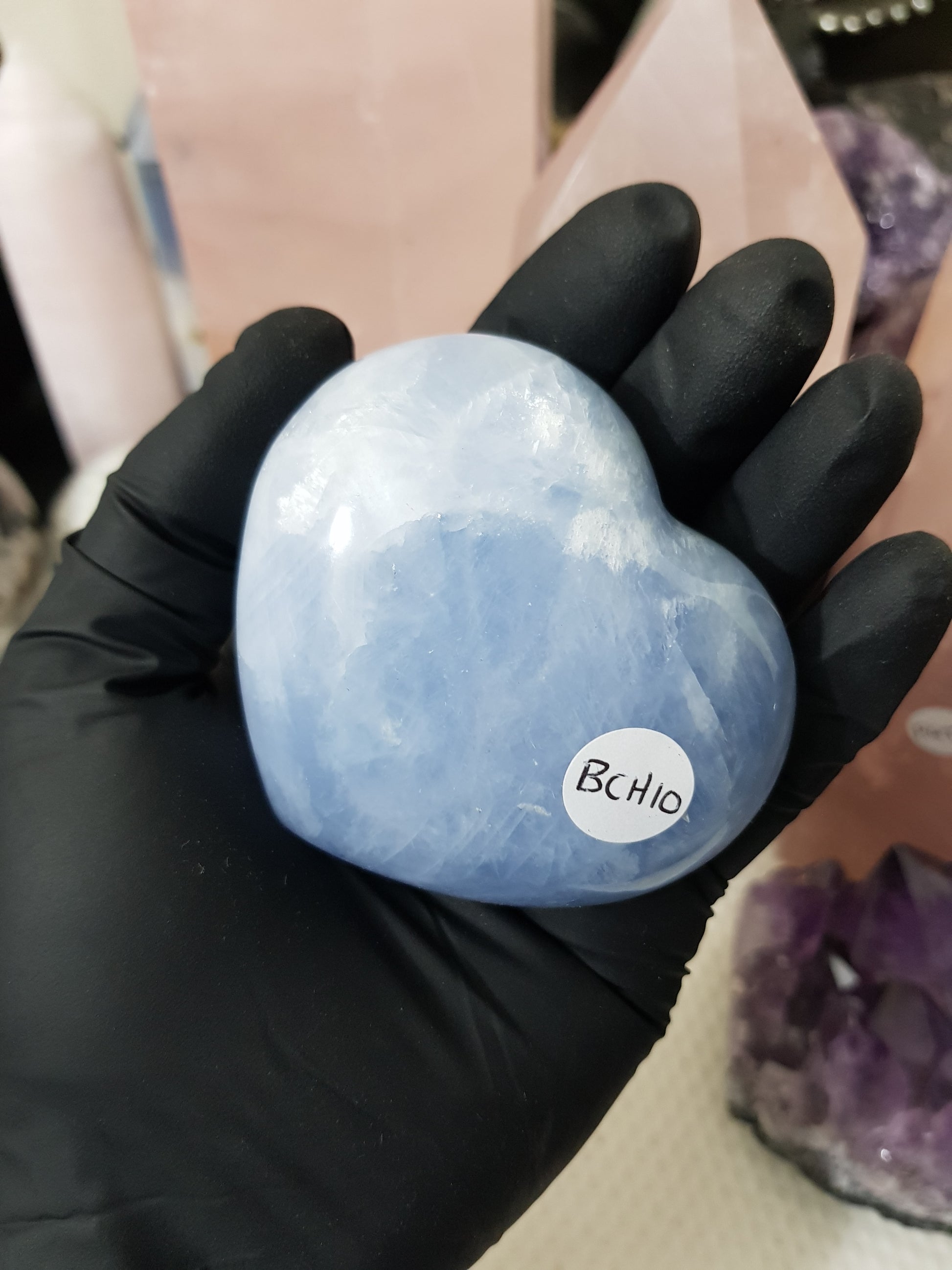Blue calcite crystal heart polished sky blue 225g