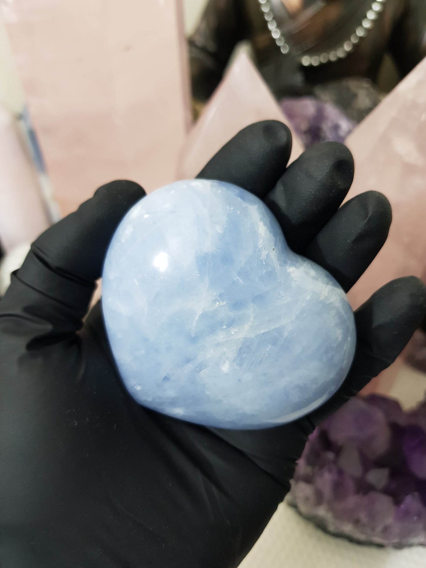 Blue calcite crystal heart polished sky blue 225g