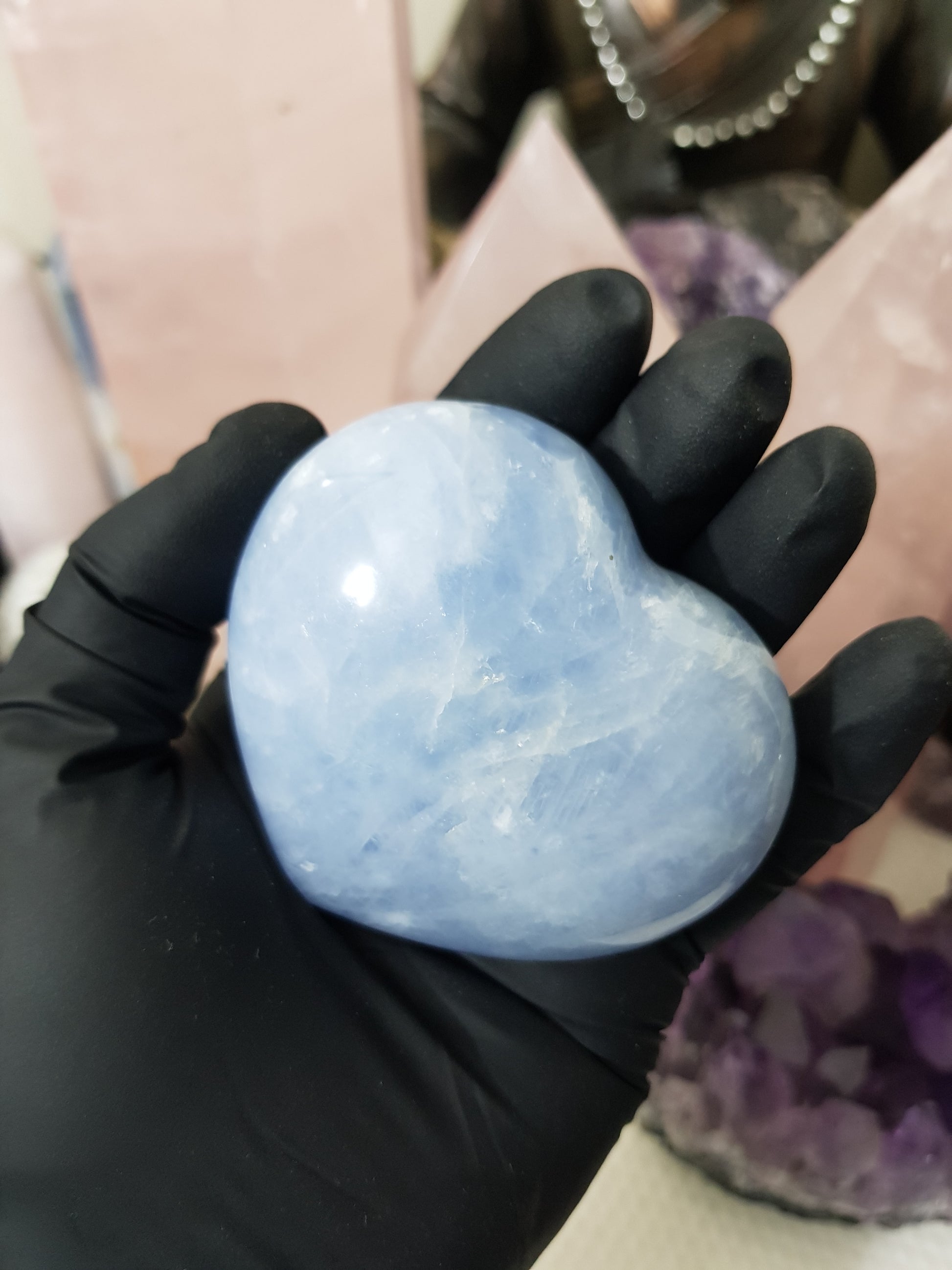 Blue calcite crystal heart polished sky blue 225g