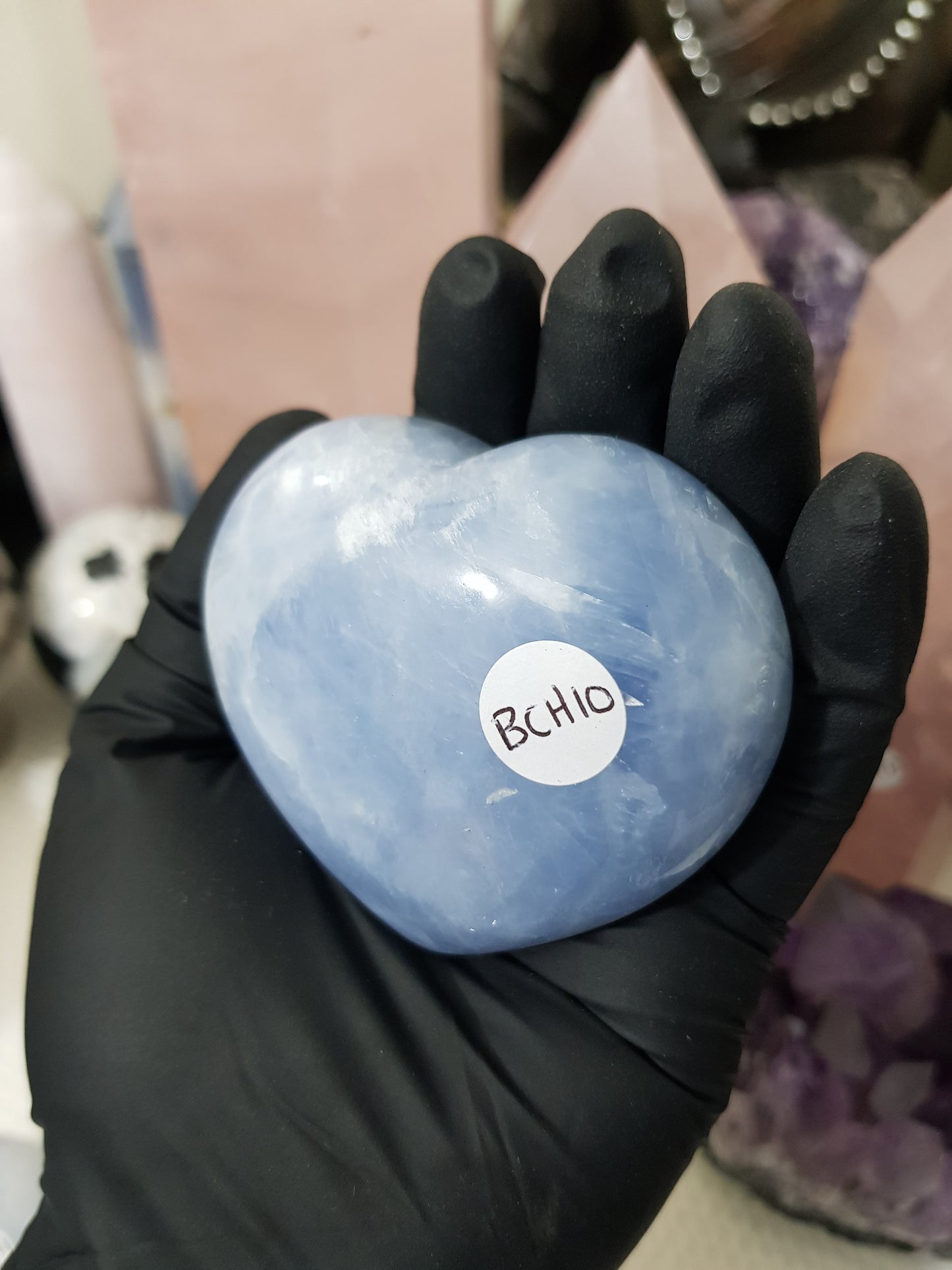 Blue calcite crystal heart polished sky blue 225g