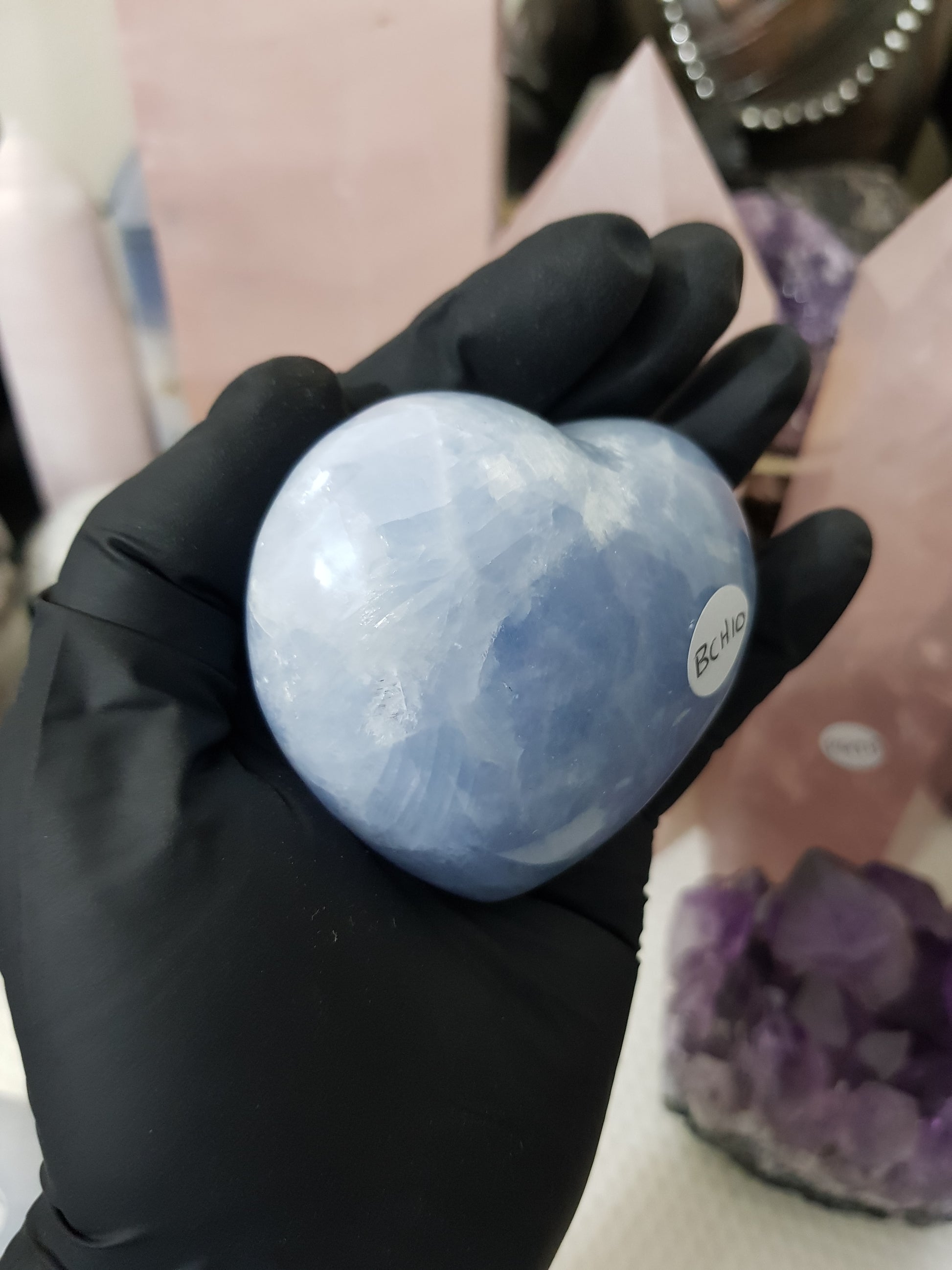 Blue calcite crystal heart polished sky blue 225g