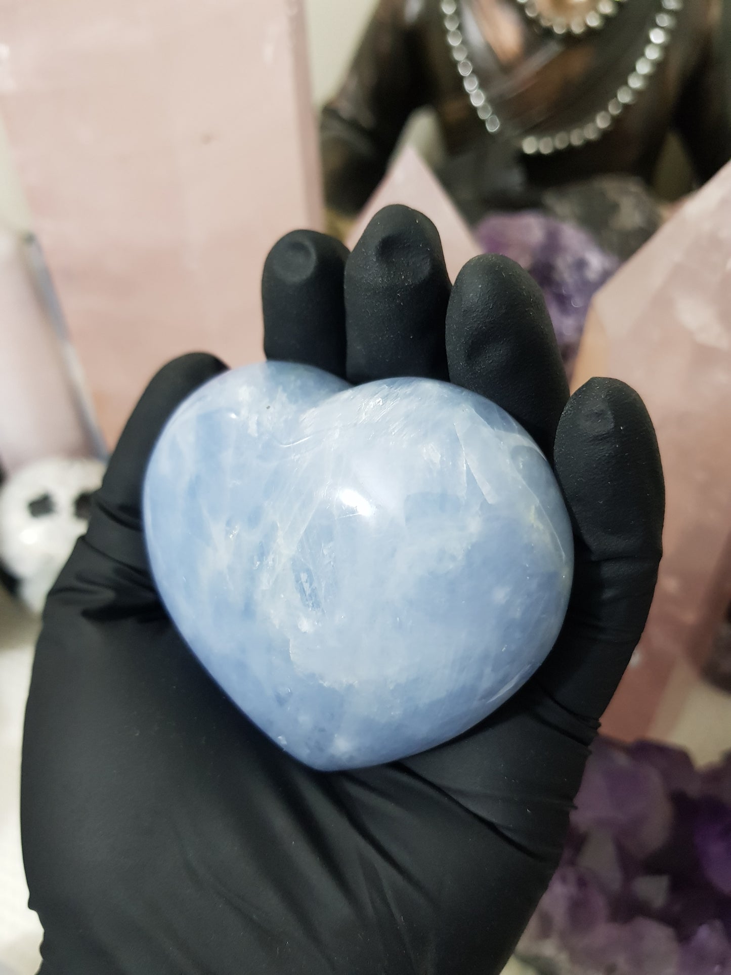 Blue calcite crystal heart polished sky blue 225g