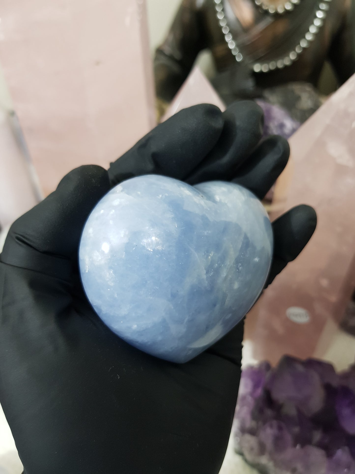 Blue calcite crystal heart polished sky blue 225g