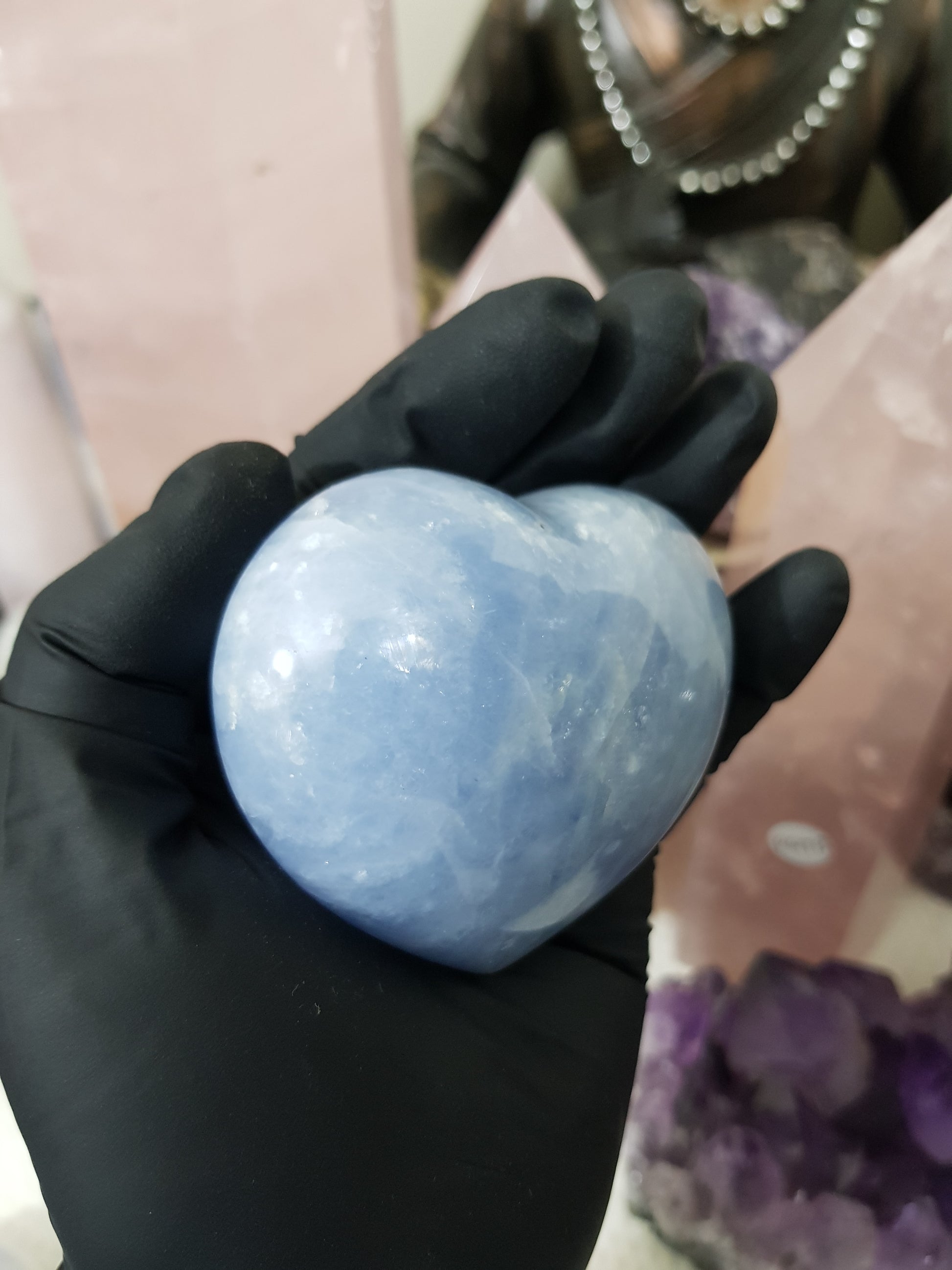 Blue calcite crystal heart polished sky blue 225g