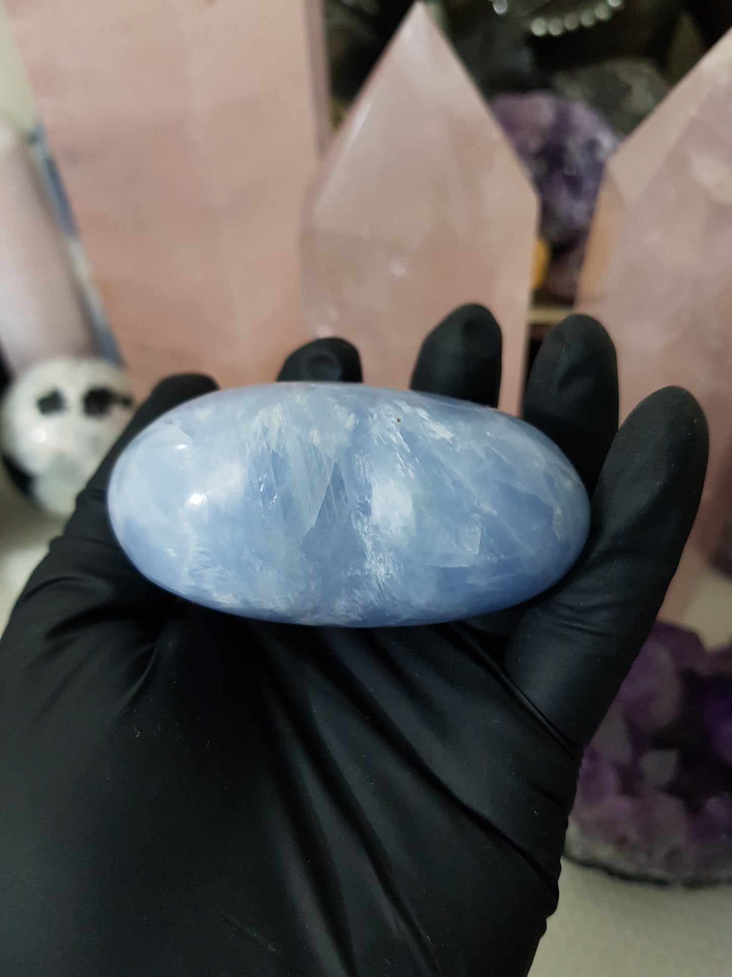 Blue calcite crystal heart polished sky blue 225g