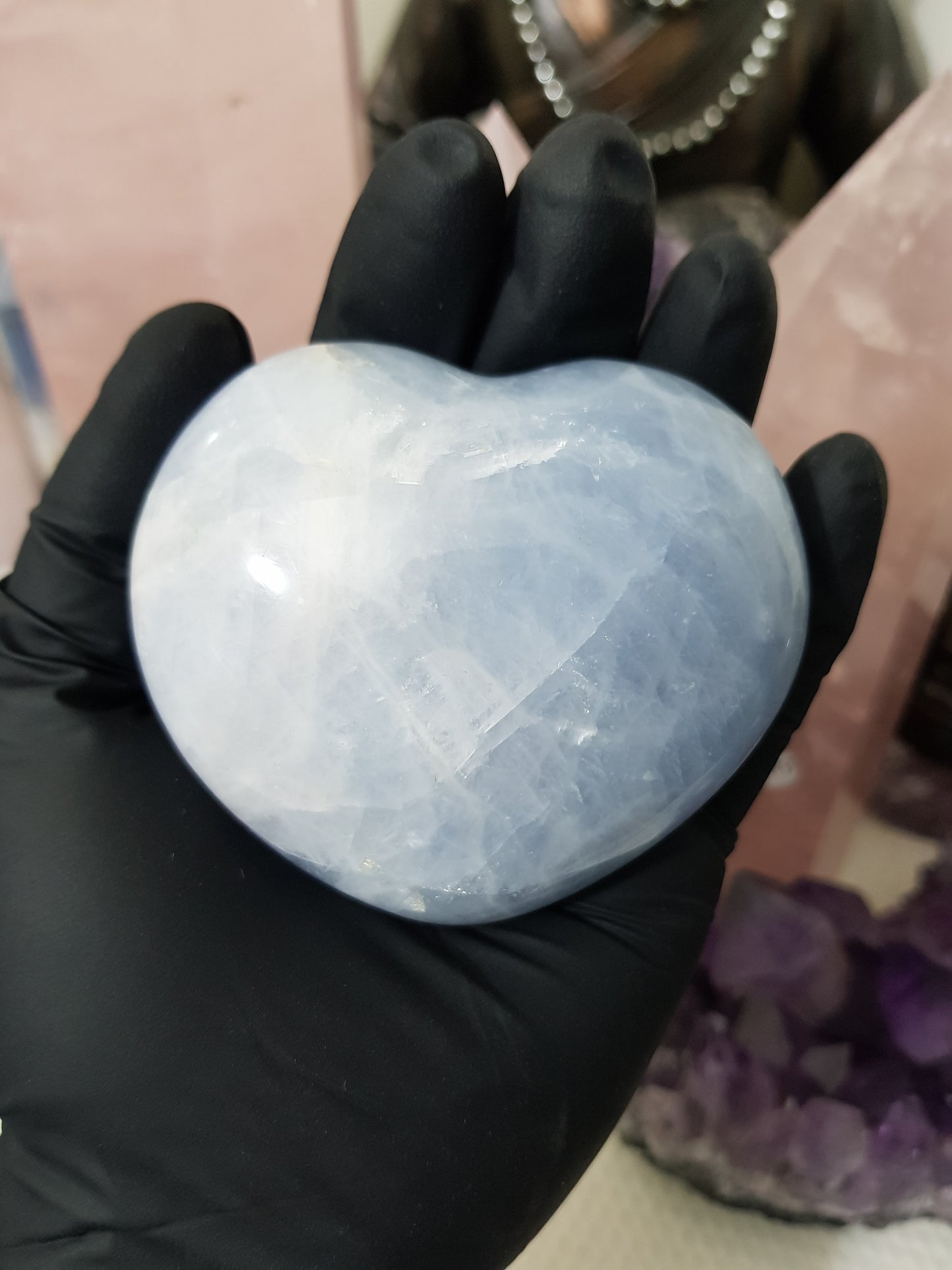 Blue calcite crystal heart polished sky blue 266g