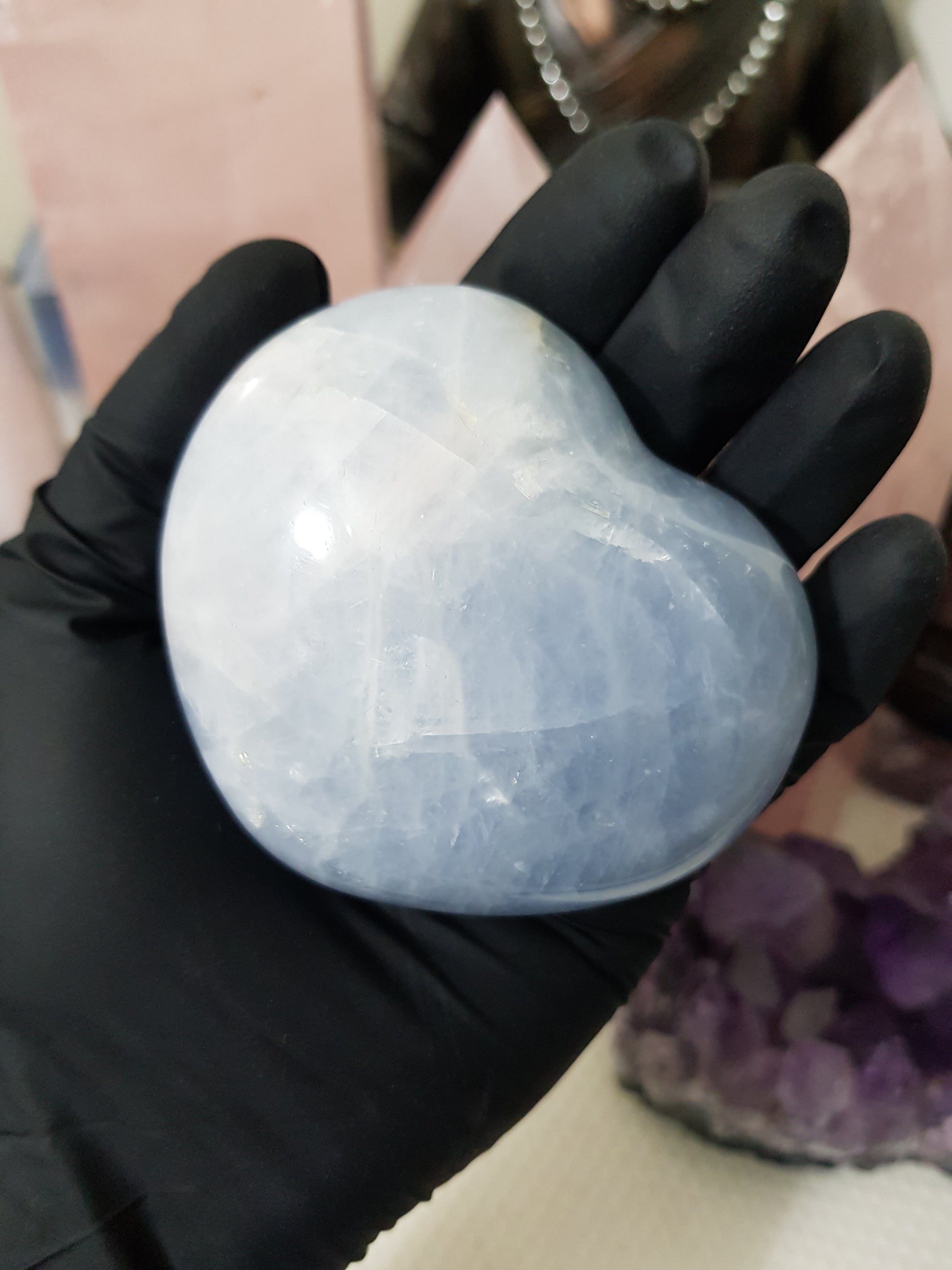 Blue calcite crystal heart polished sky blue 266g