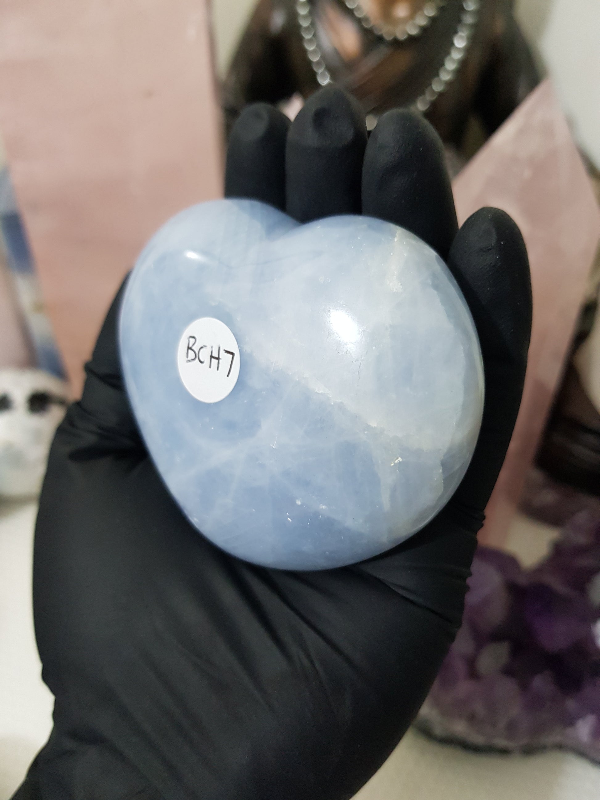Blue calcite crystal heart polished sky blue 266g