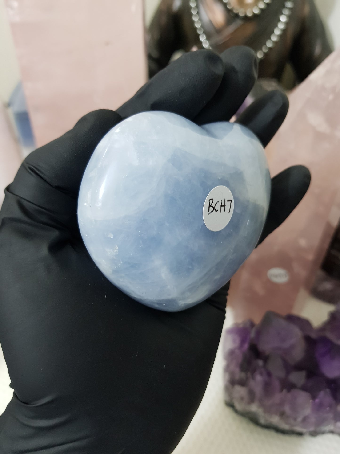 Blue calcite crystal heart polished sky blue 266g