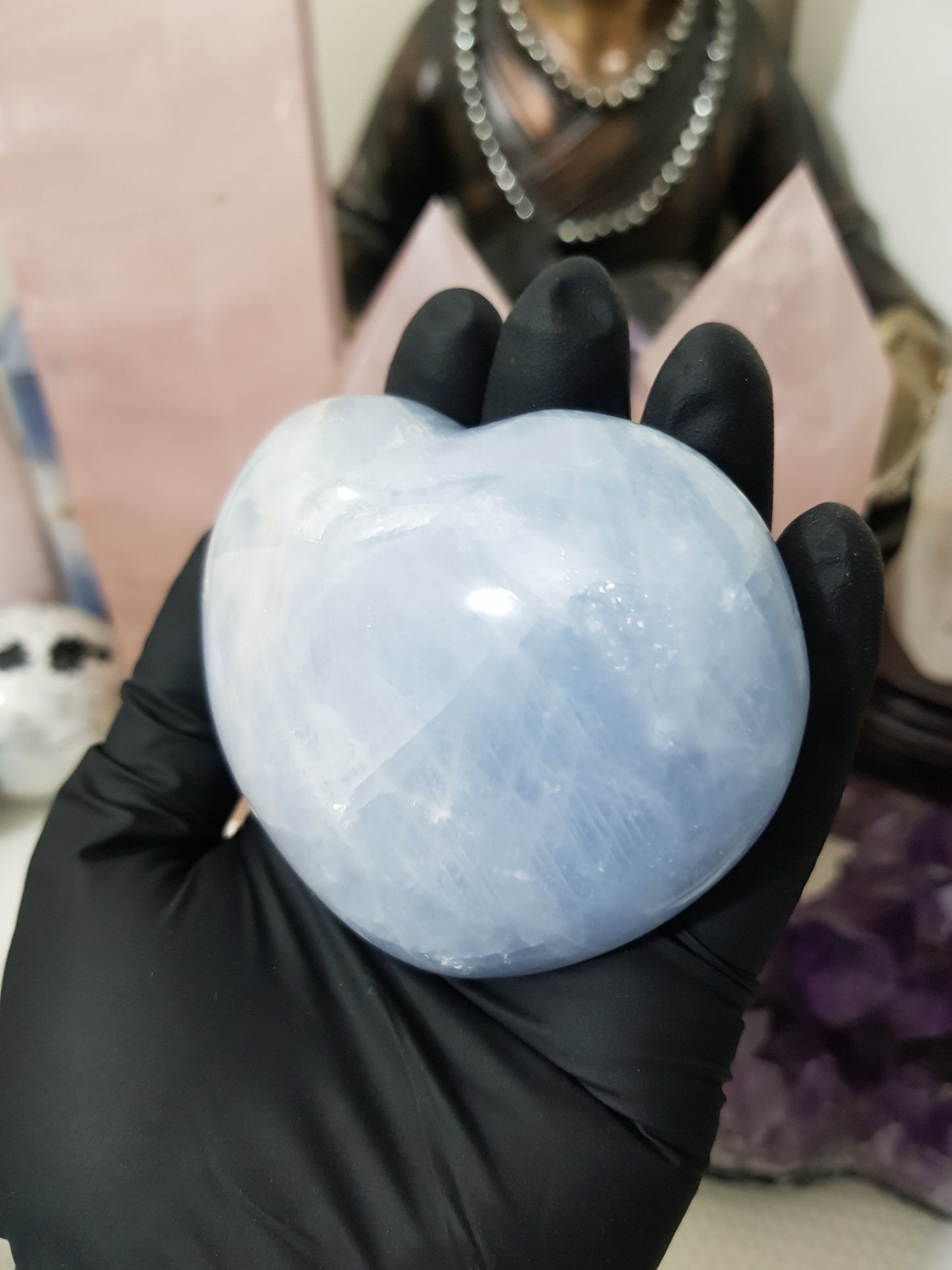 Blue calcite crystal heart polished sky blue 266g
