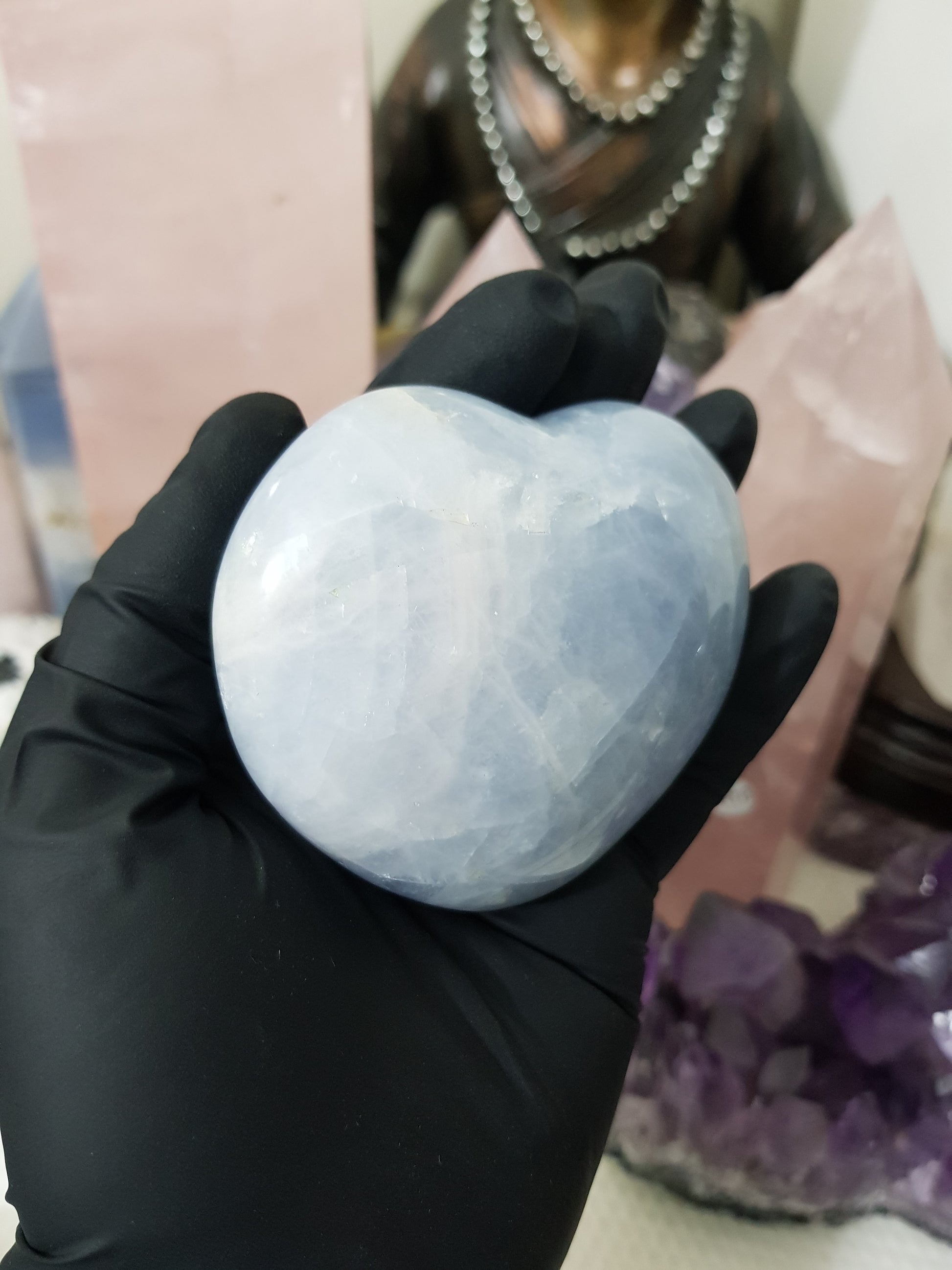 Blue calcite crystal heart polished sky blue 266g
