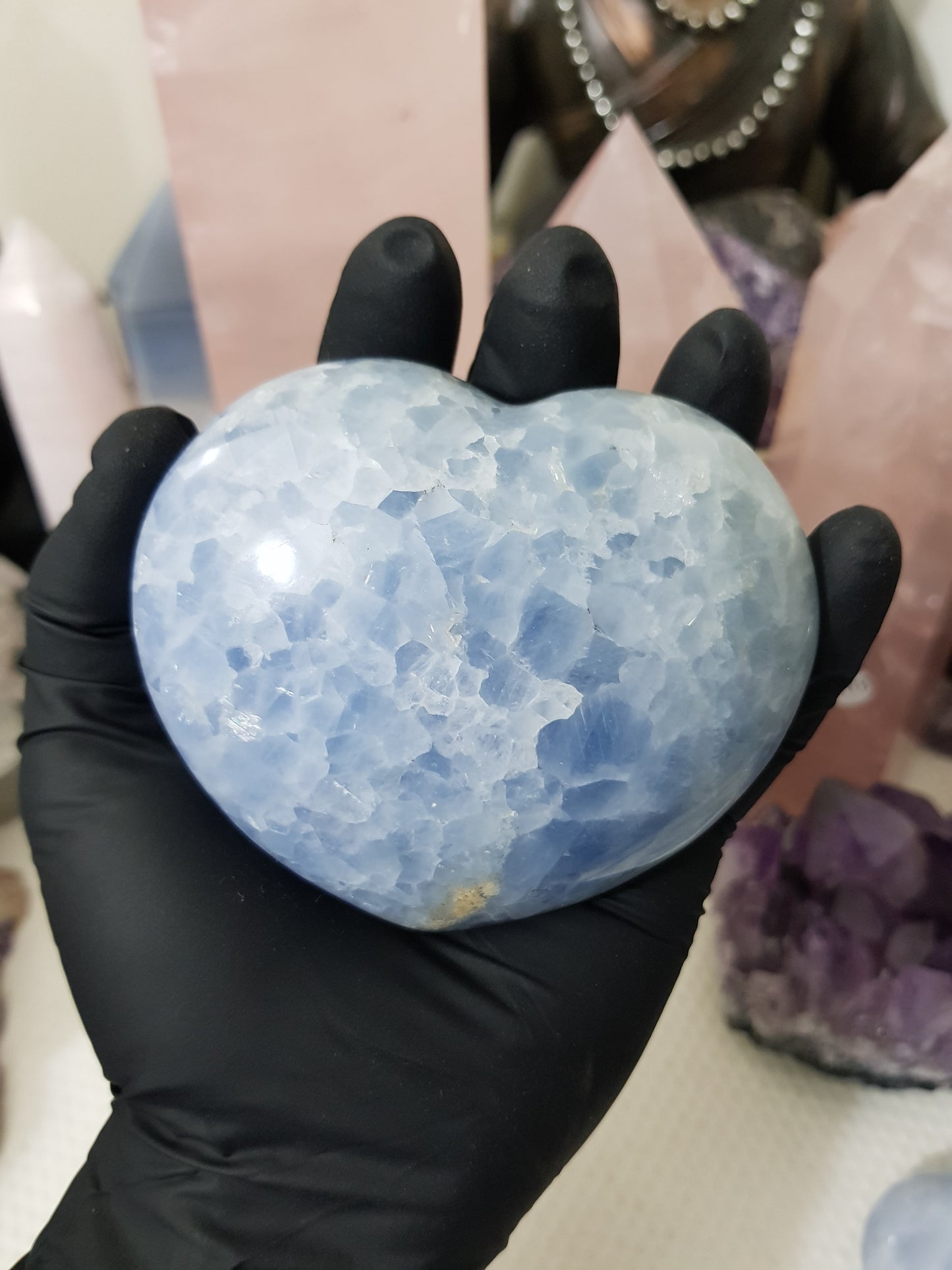 Blue calcite crystal heart polished sky blue 389g