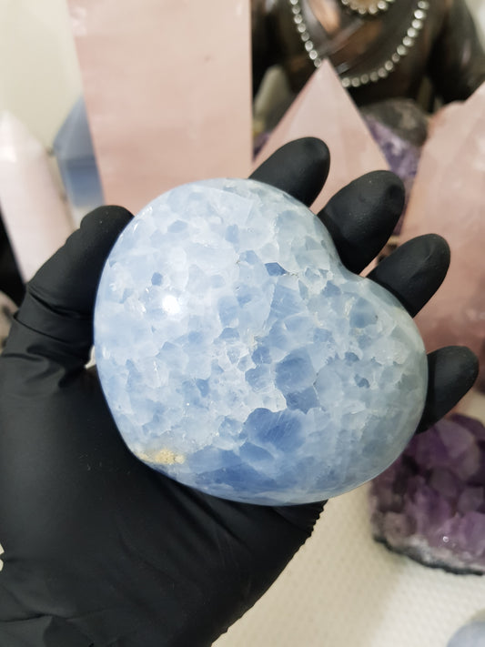 Blue calcite crystal heart polished sky blue 389g
