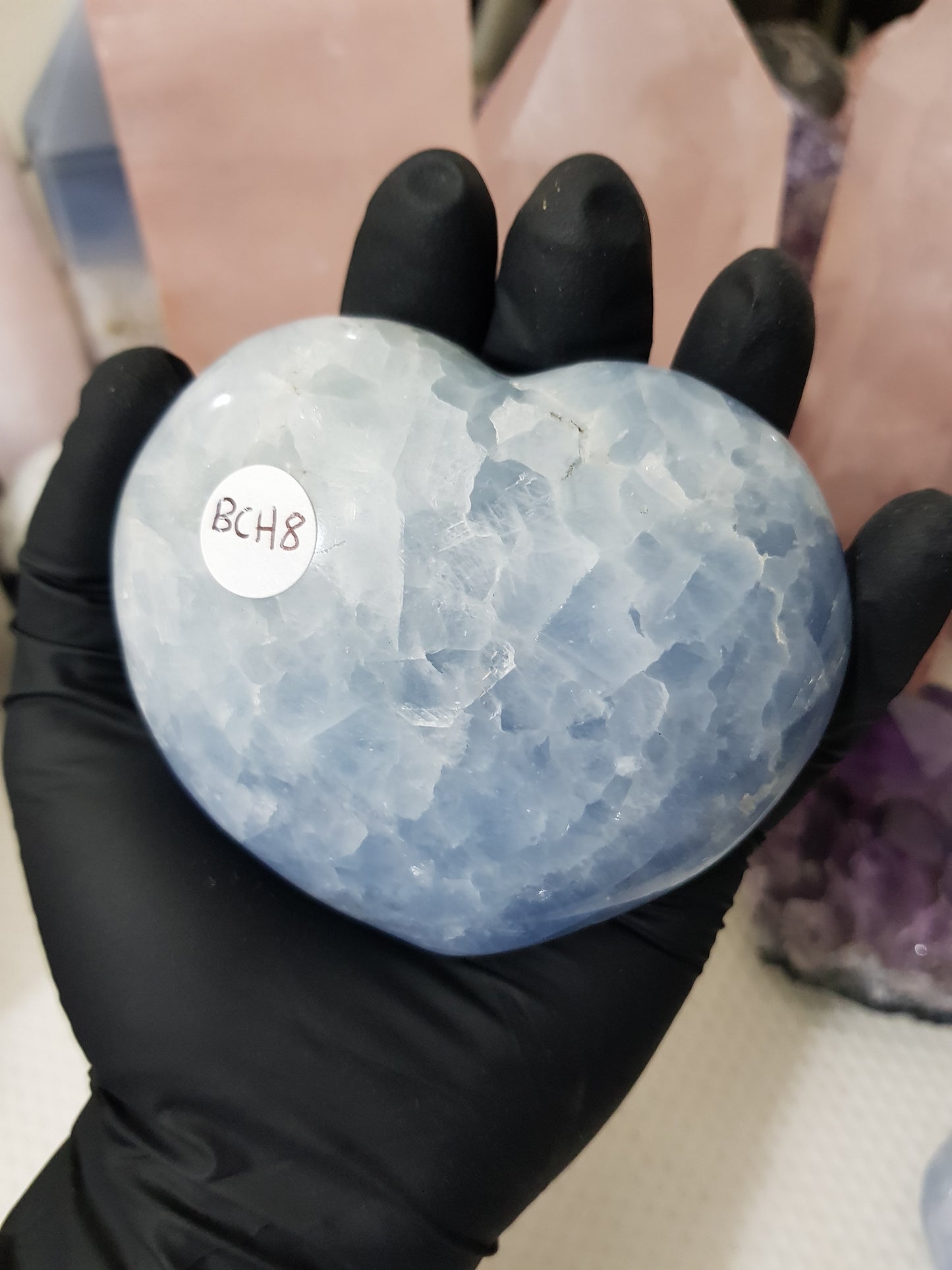 Blue calcite crystal heart polished sky blue 389g