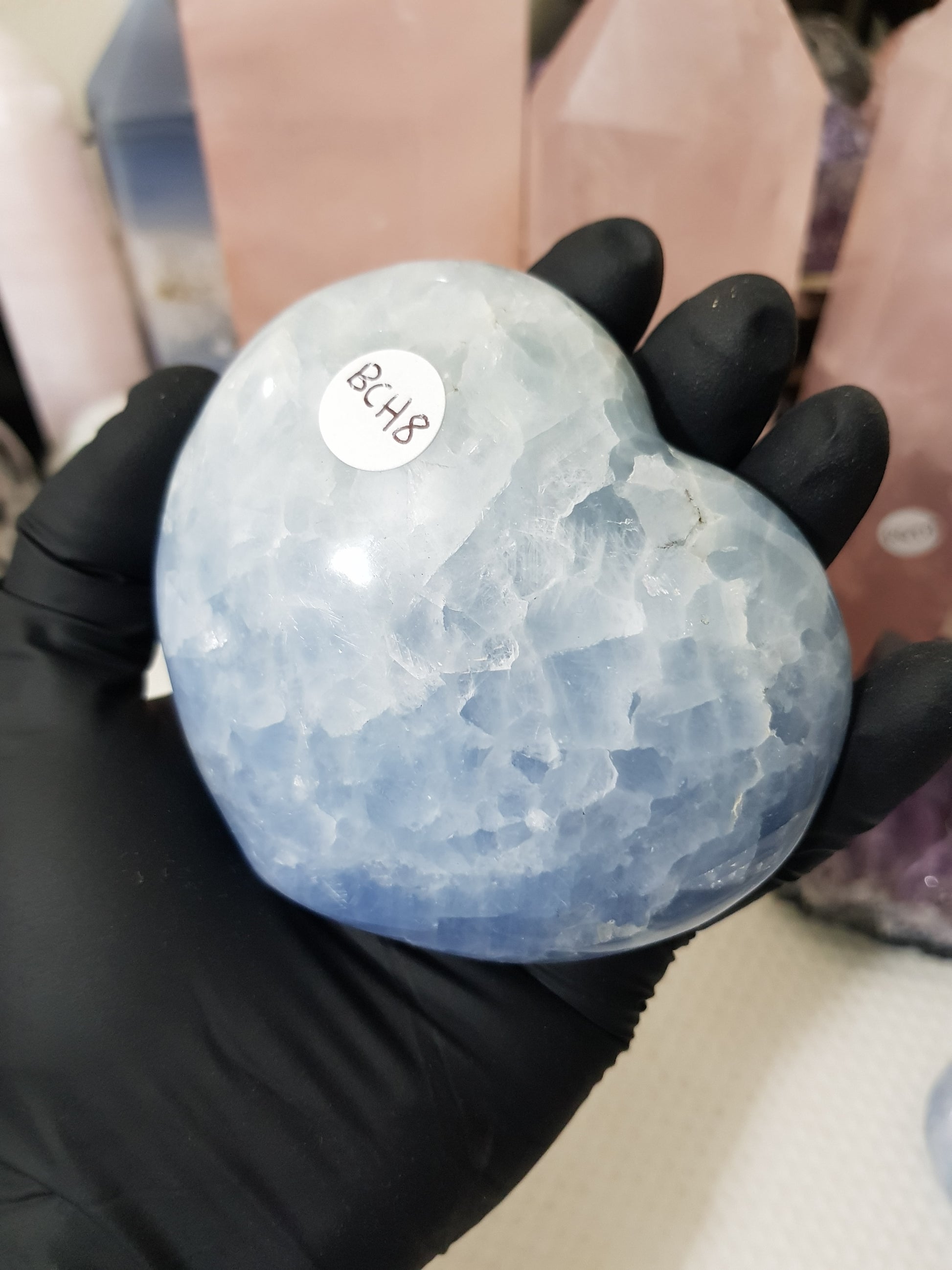 Blue calcite crystal heart polished sky blue 389g