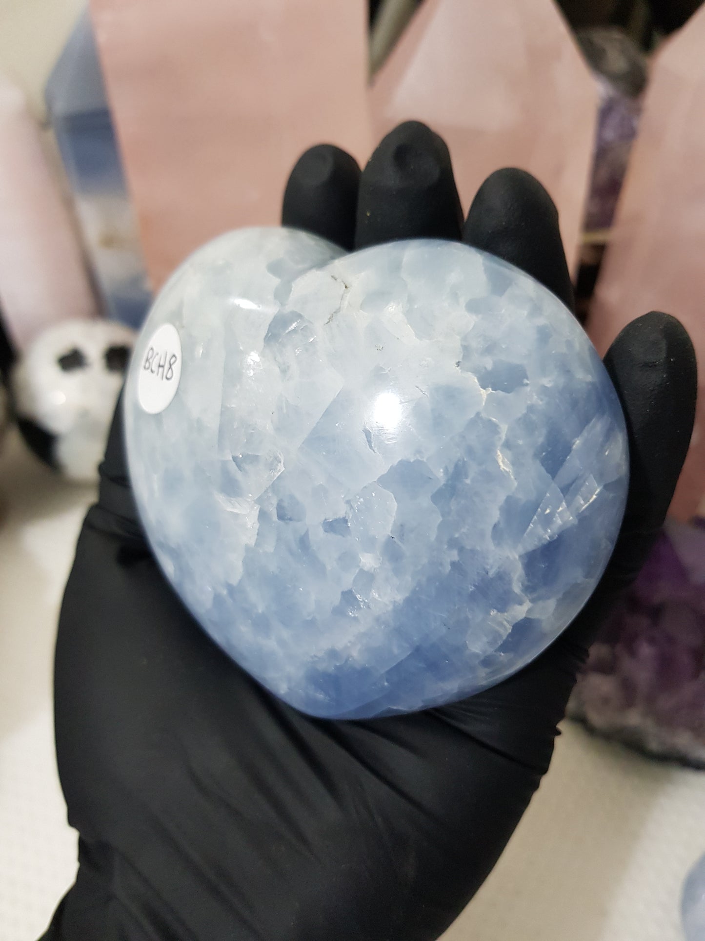 Blue calcite crystal heart polished sky blue 389g