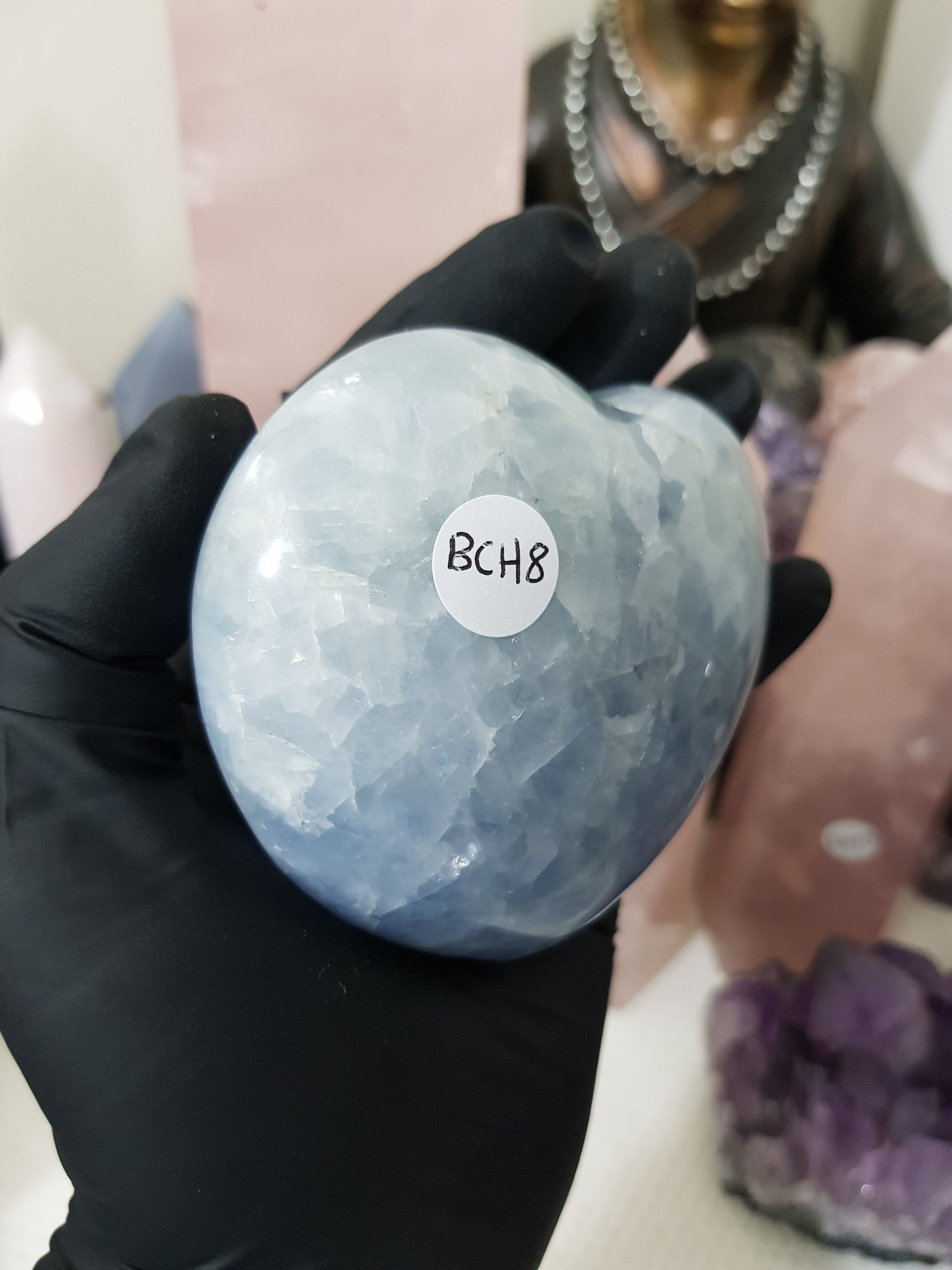 Blue calcite crystal heart polished sky blue 389g