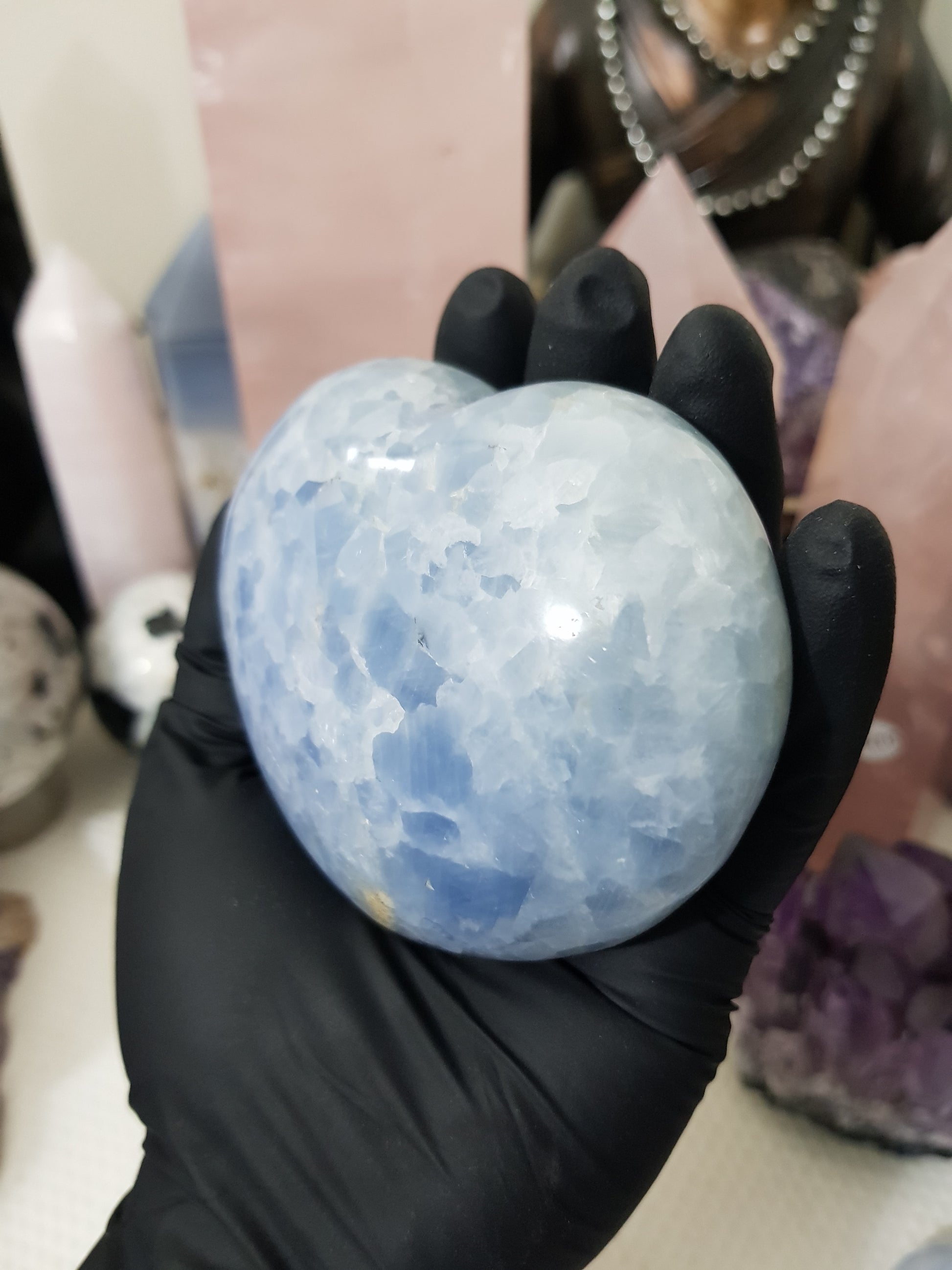 Blue calcite crystal heart polished sky blue 389g