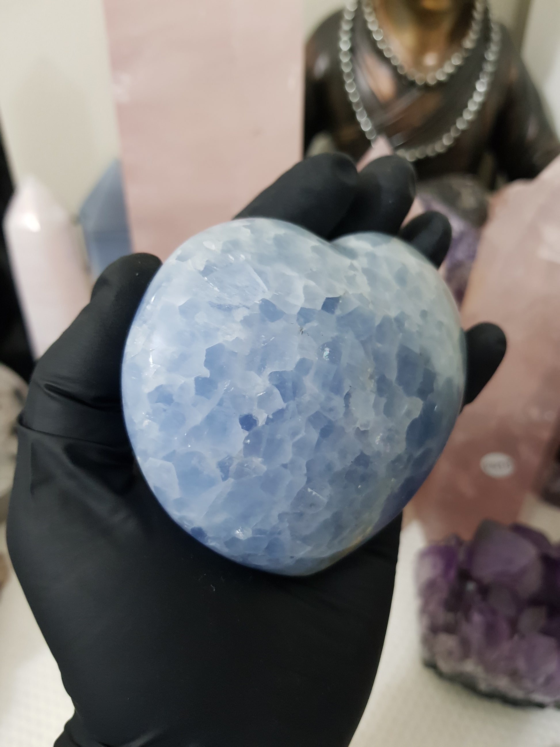 Blue calcite crystal heart polished sky blue 389g