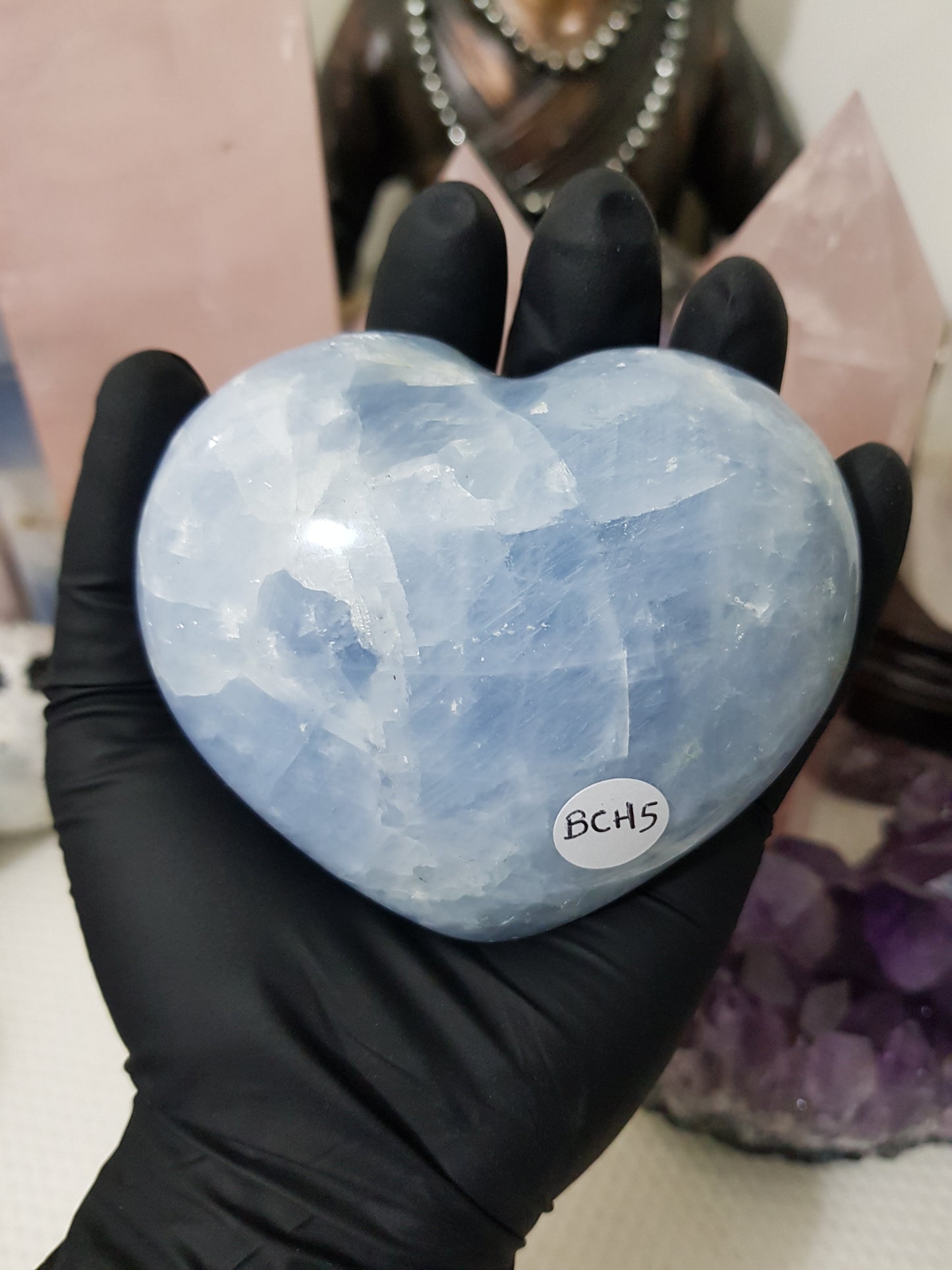 Blue calcite crystal heart polished sky blue 423g