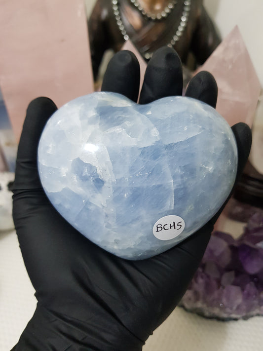 Blue calcite crystal heart polished sky blue 423g