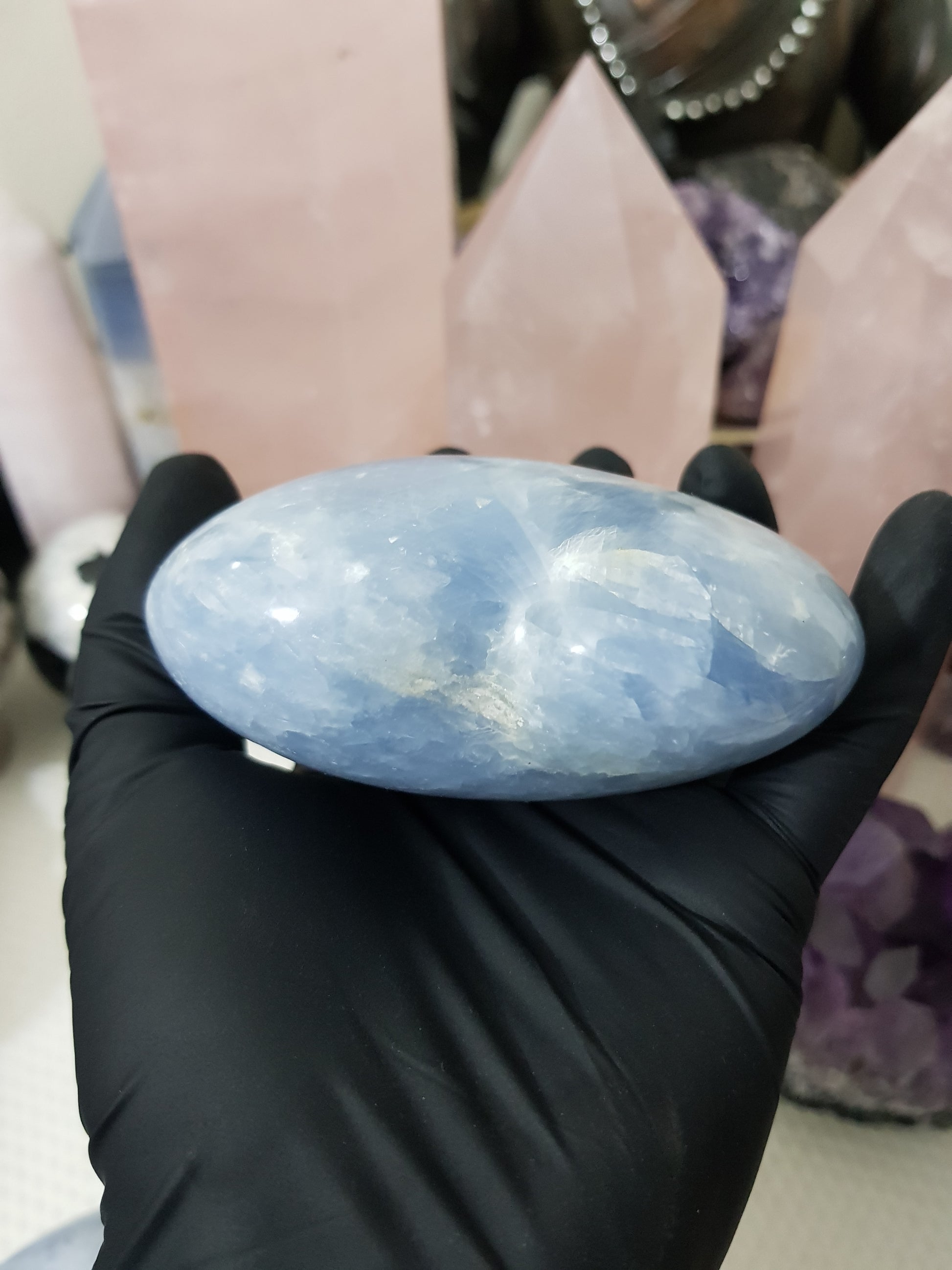 Blue calcite crystal heart polished sky blue 423g