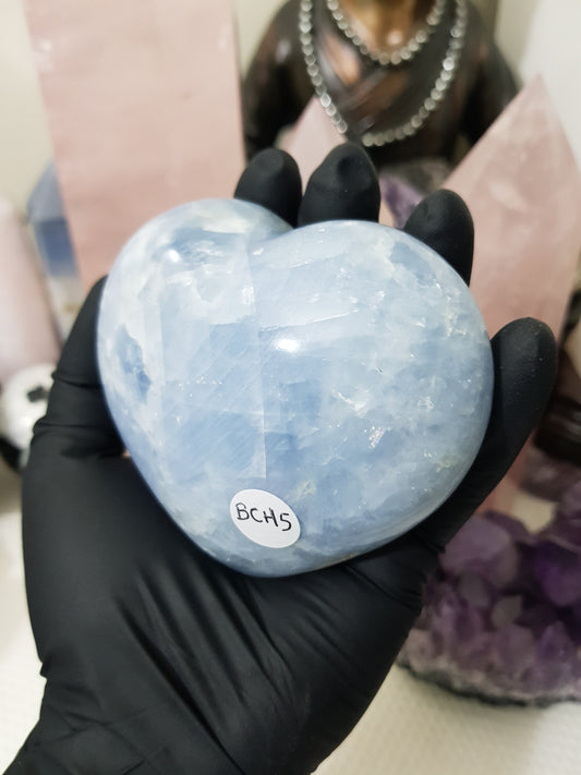 Blue calcite crystal heart polished sky blue 423g