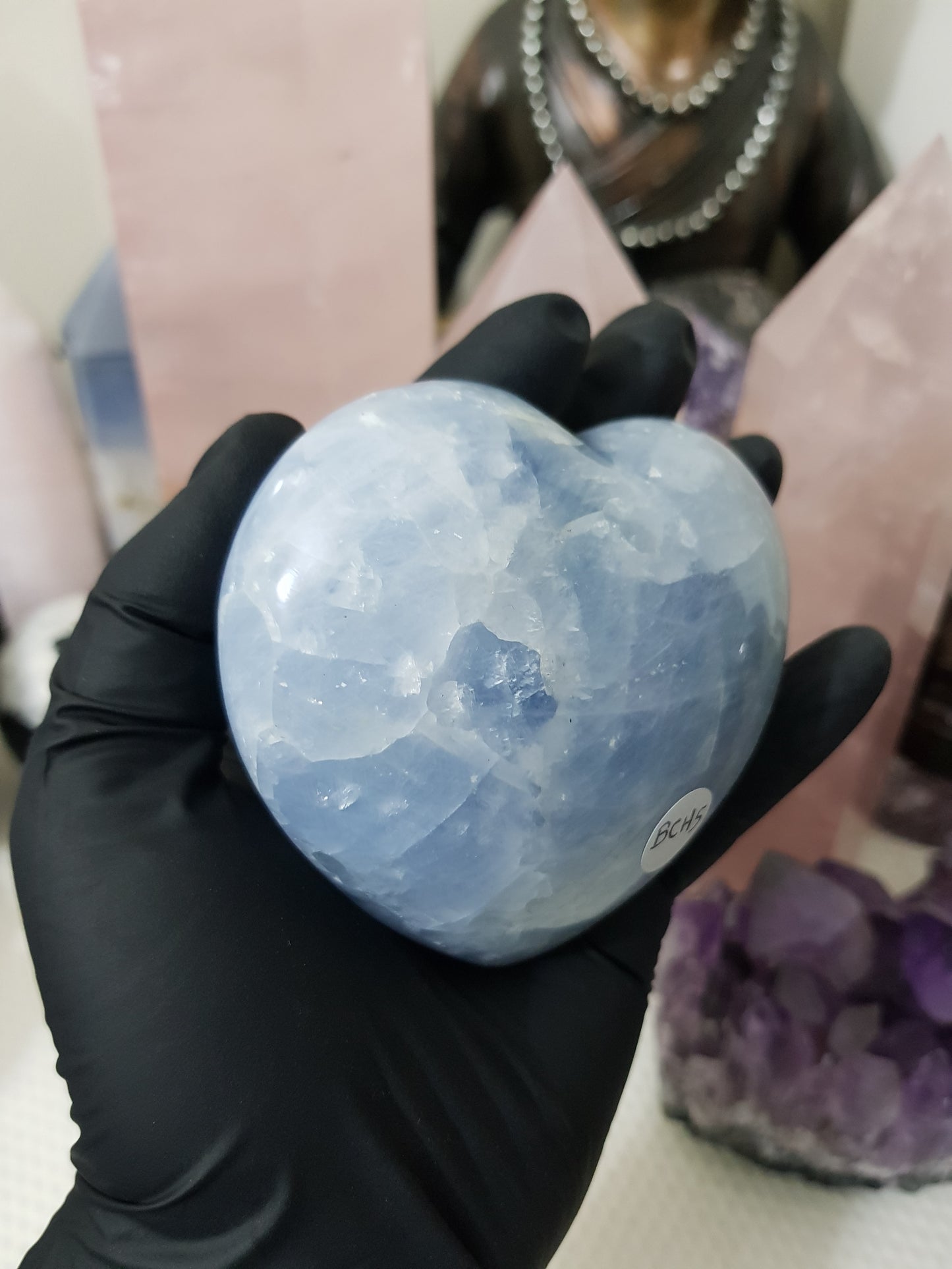 Blue calcite crystal heart polished sky blue 423g